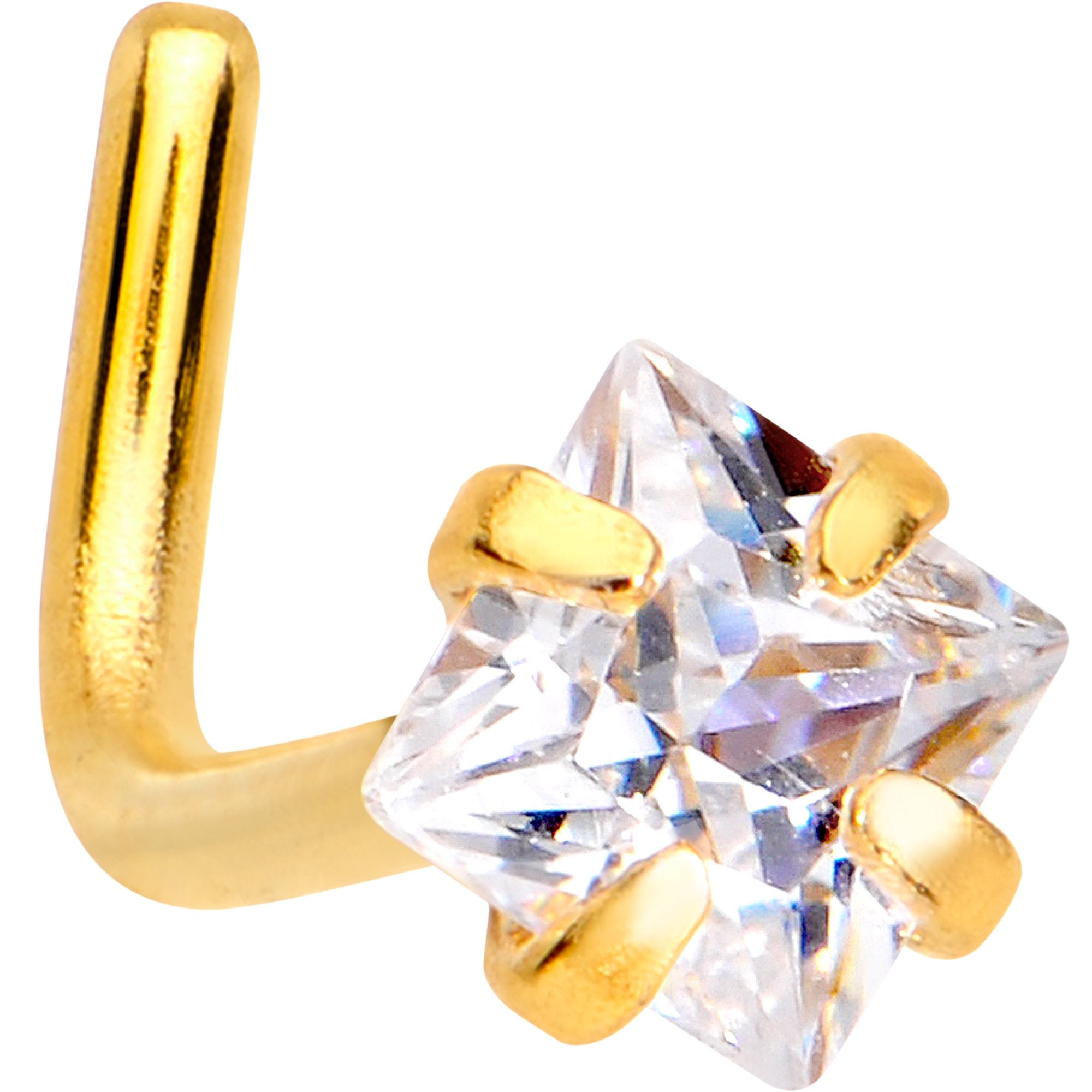 20 Gauge 1/4 Clear Square 2.5mm CZ Gem Gold IP L-Shape Nose Ring