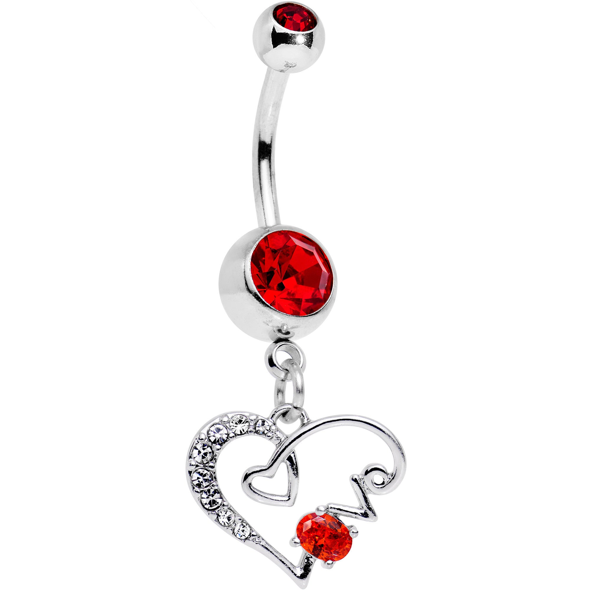 Red CZ Gem Love Scrawled Double Heart Dangle Belly Ring