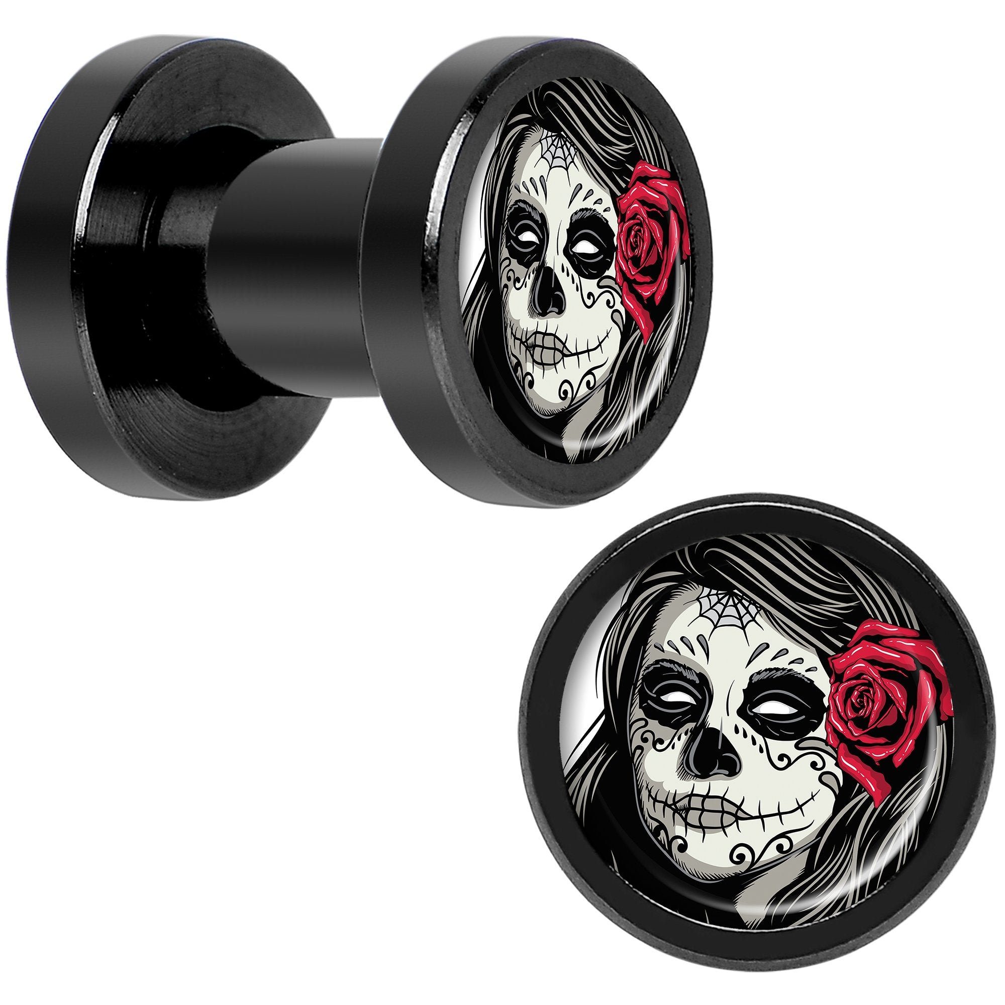 Katrina Sugar Skull Rose Flower Black Anodized Screw Fit Plug Set 4 Gauge