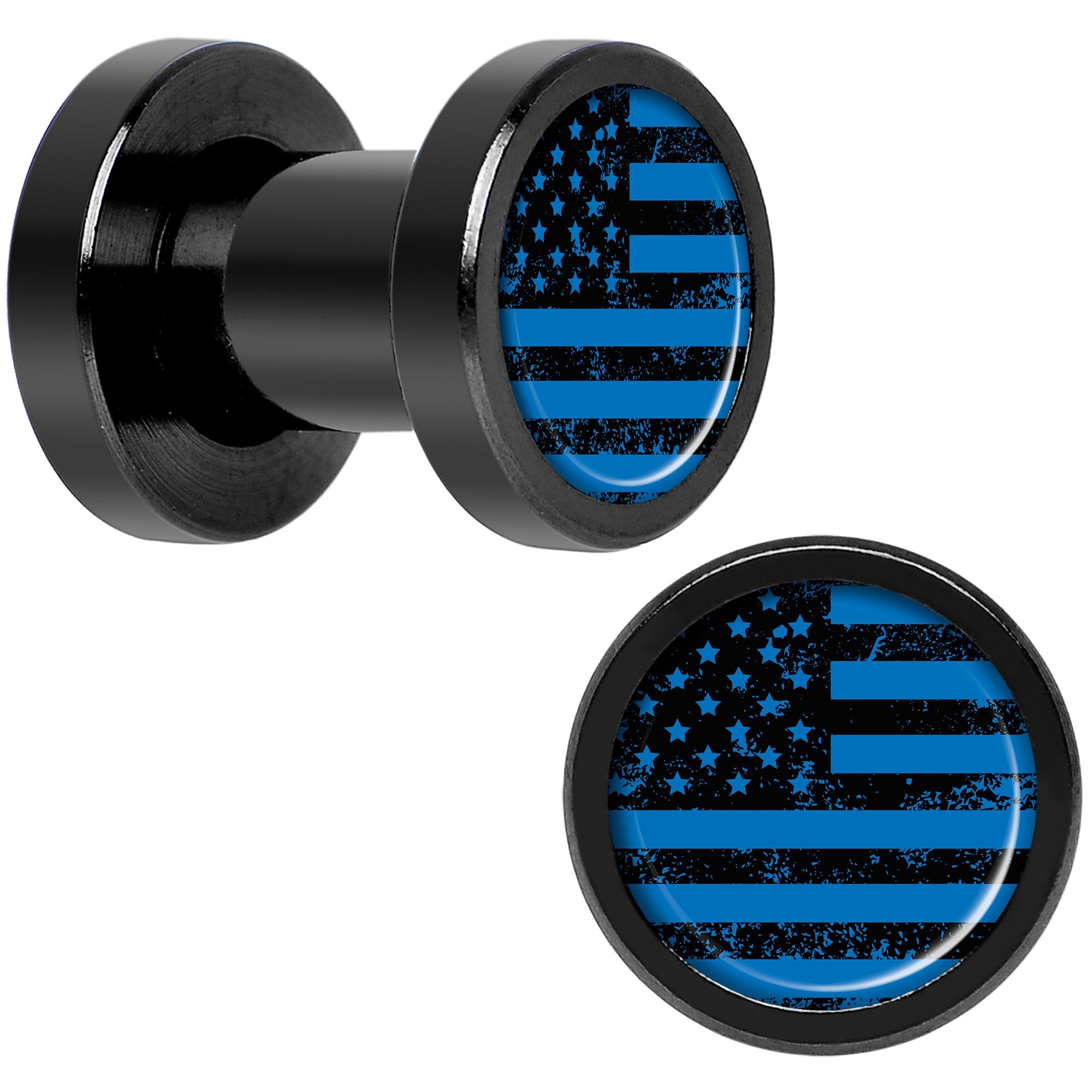 Blue American Flag Black Anodized Screw Fit Plug Set 4 Gauge