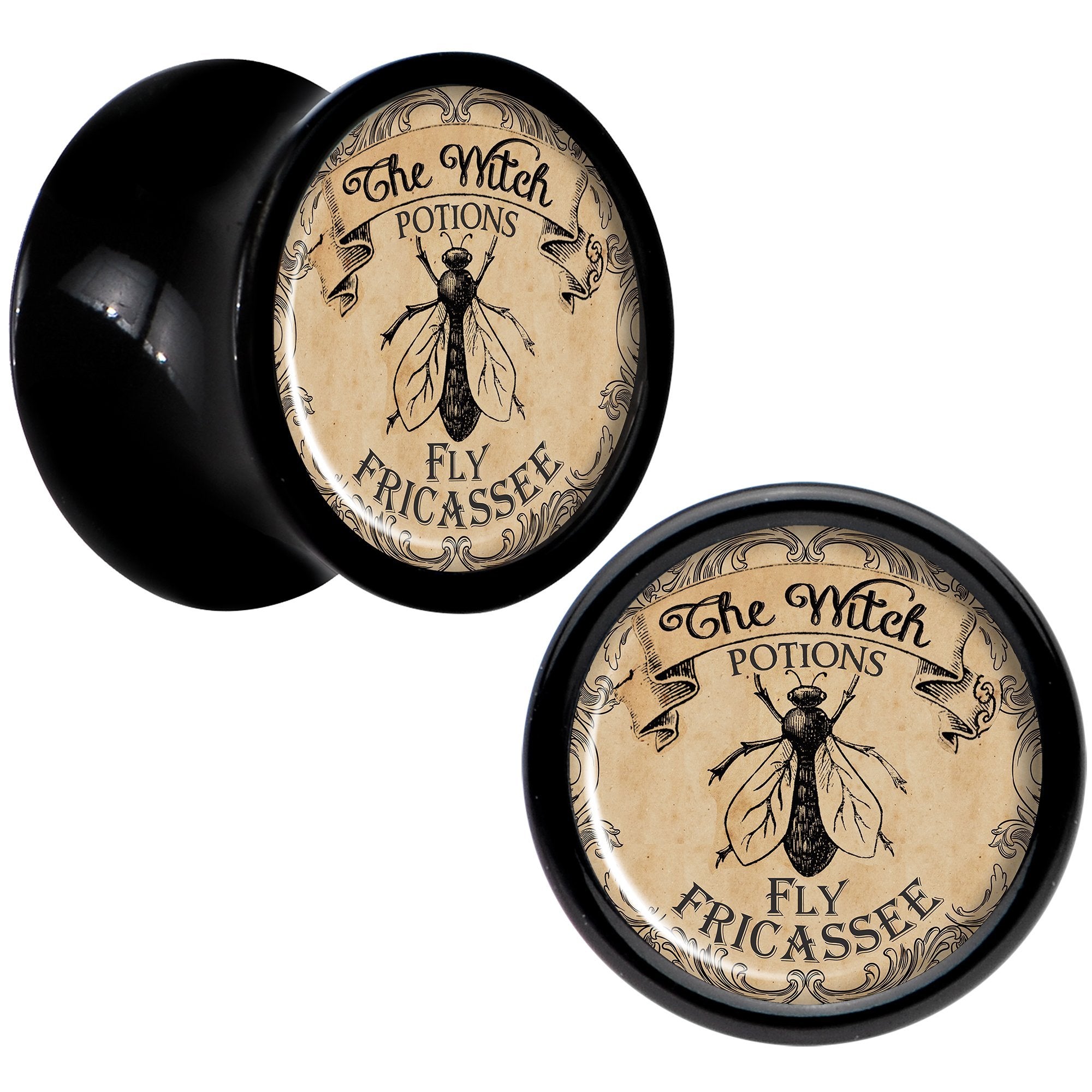 Witches Brew Fly Fricassee Halloween Black Acrylic Plug Sizes 0 Gauge to 20mm