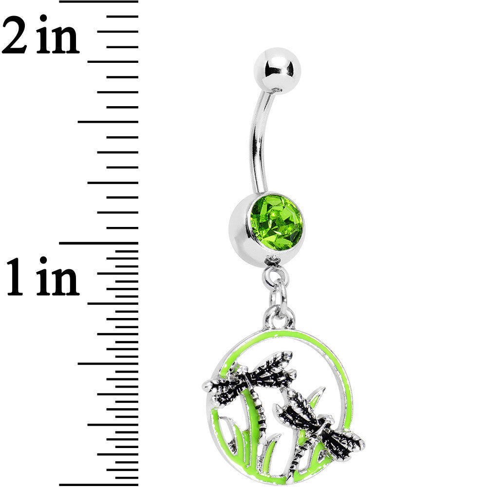 Green Gem Grassy Garden Hoop Dragonfly Dangle Belly Ring