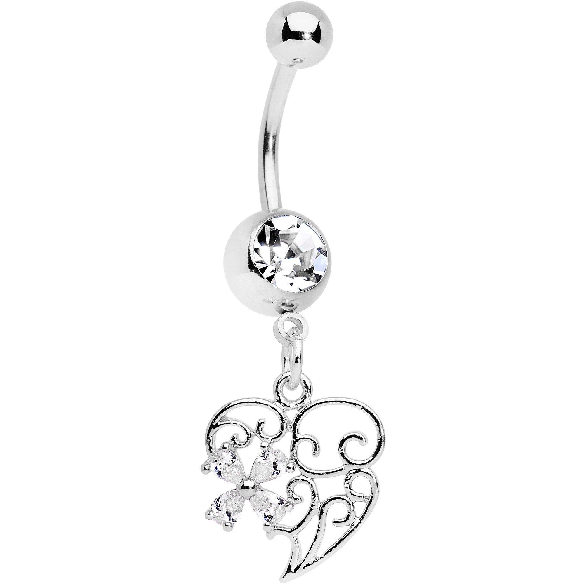 Clear Gem Filigree Heart Flower Dangle Belly Ring