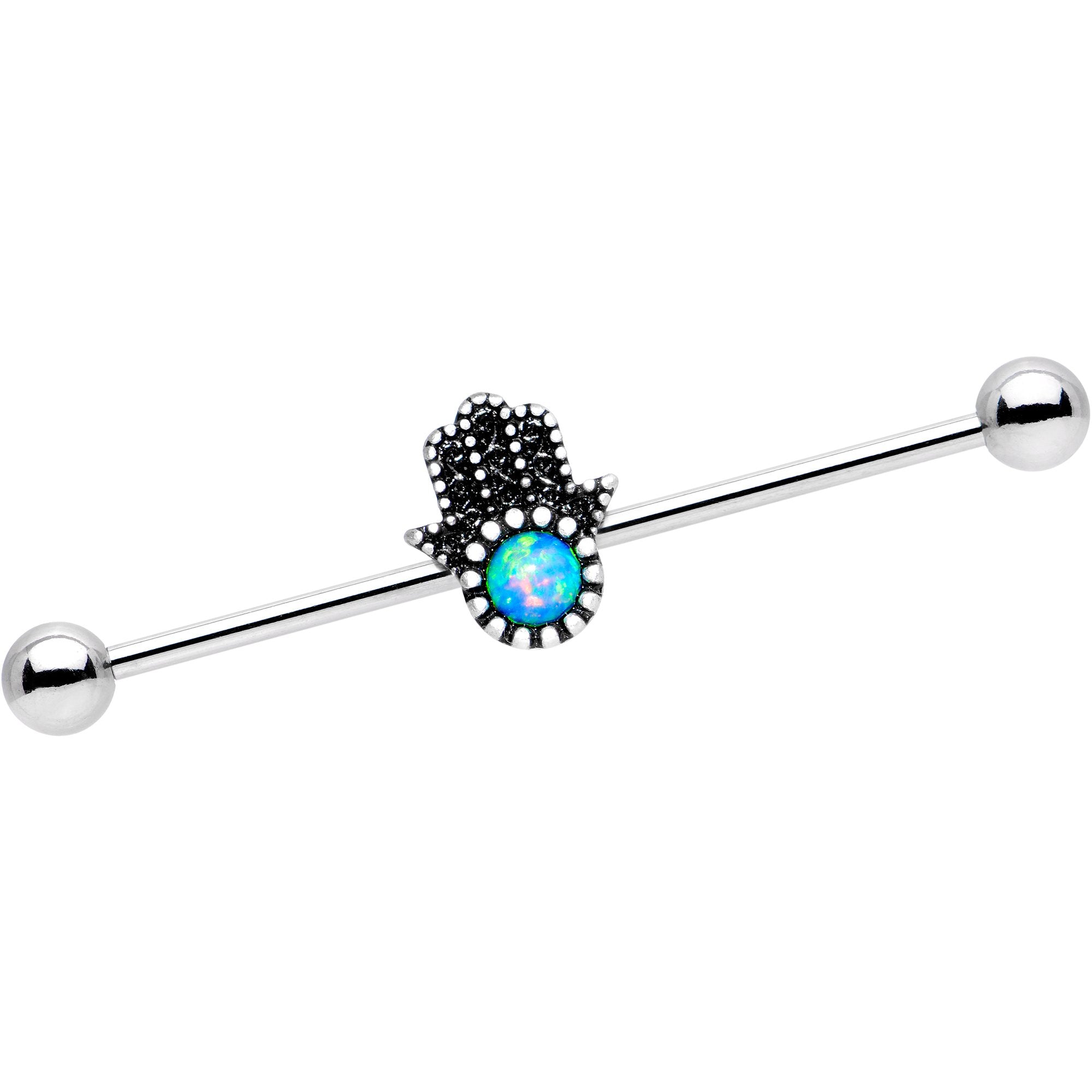 14 Gauge Blue Synthetic Opal Hamsa Hand Industrial Barbell 38mm