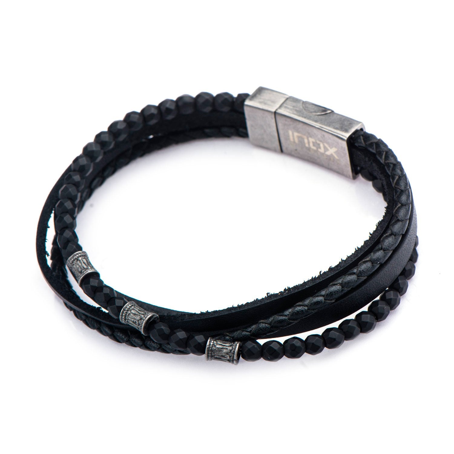 Mens Multi Layered Brown Leather Steel Hematite Bead Rope Bracelet