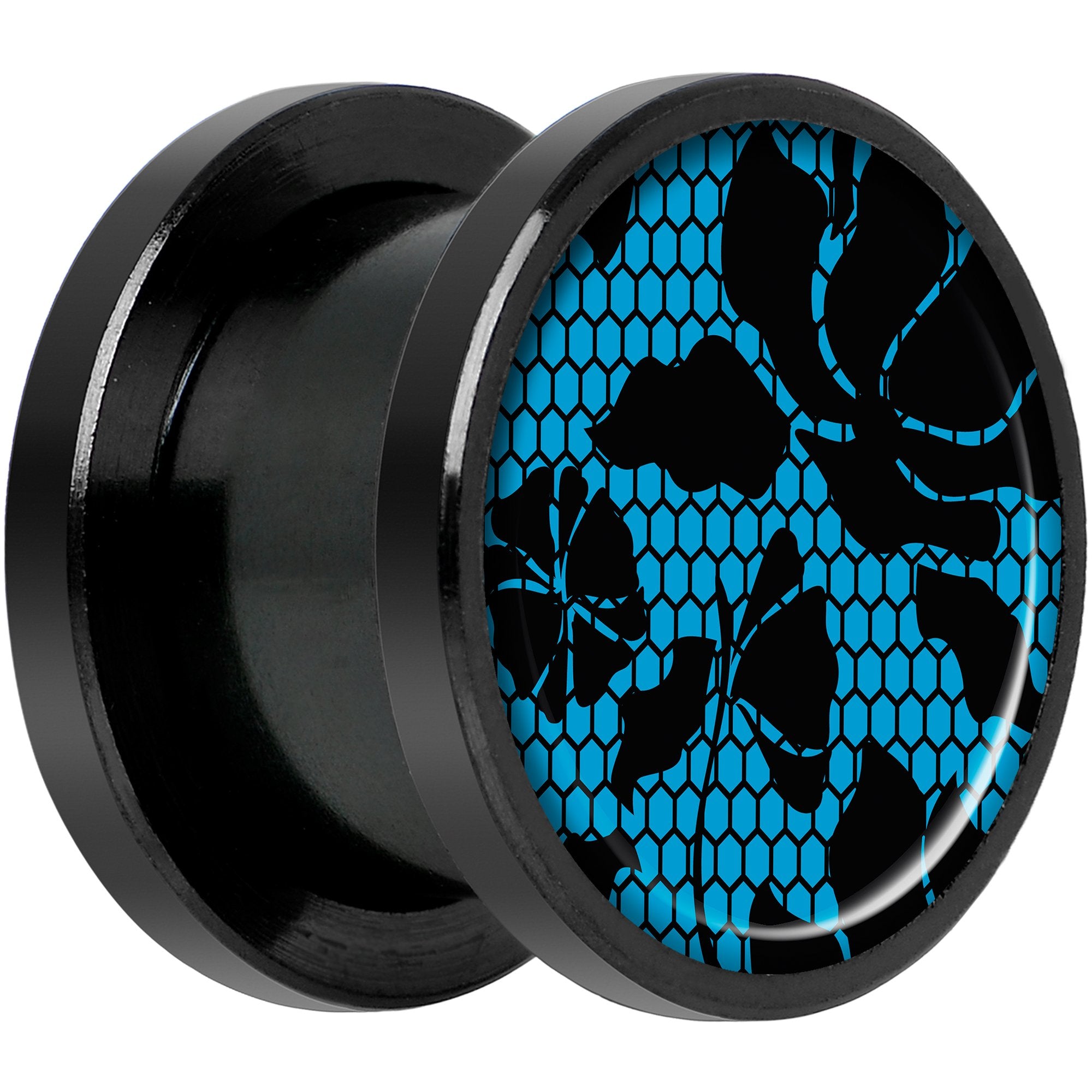 Blue Floral Lace Black Anodized Screw Fit Plug Set 1/2