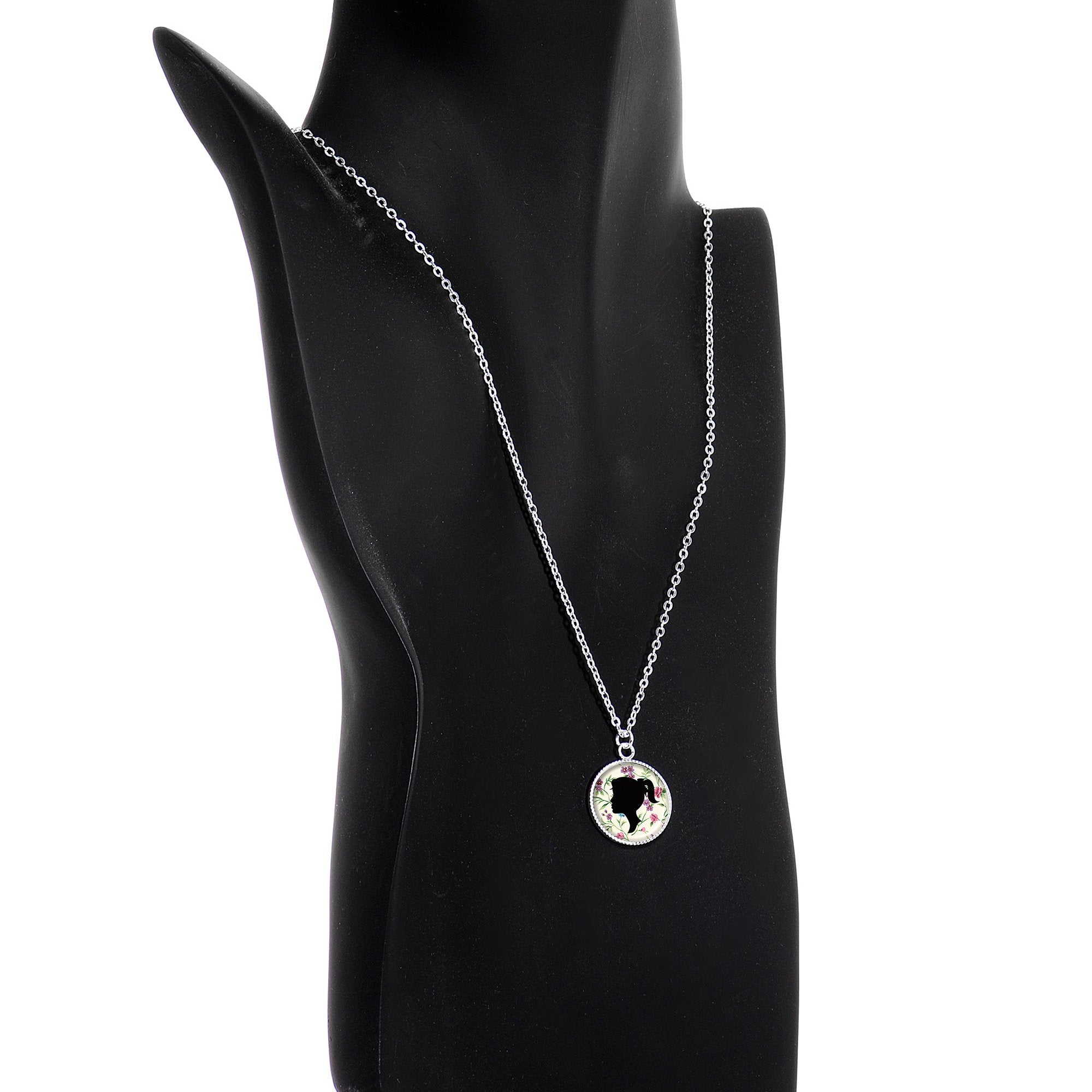 Woman Floral Silhouette Silver Plated Chain Necklace