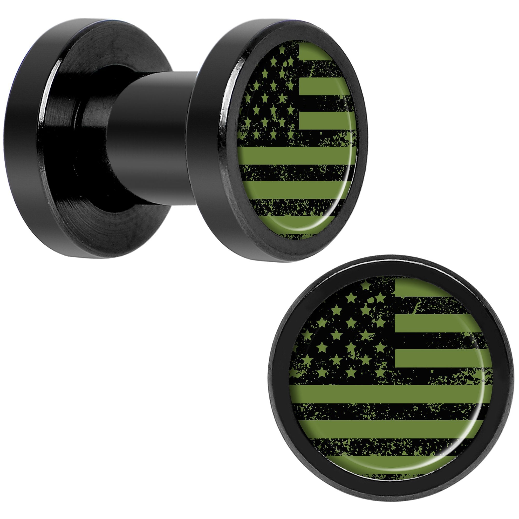 Green American Flag Black Anodized Screw Fit Plug Set 5mm to 20mm