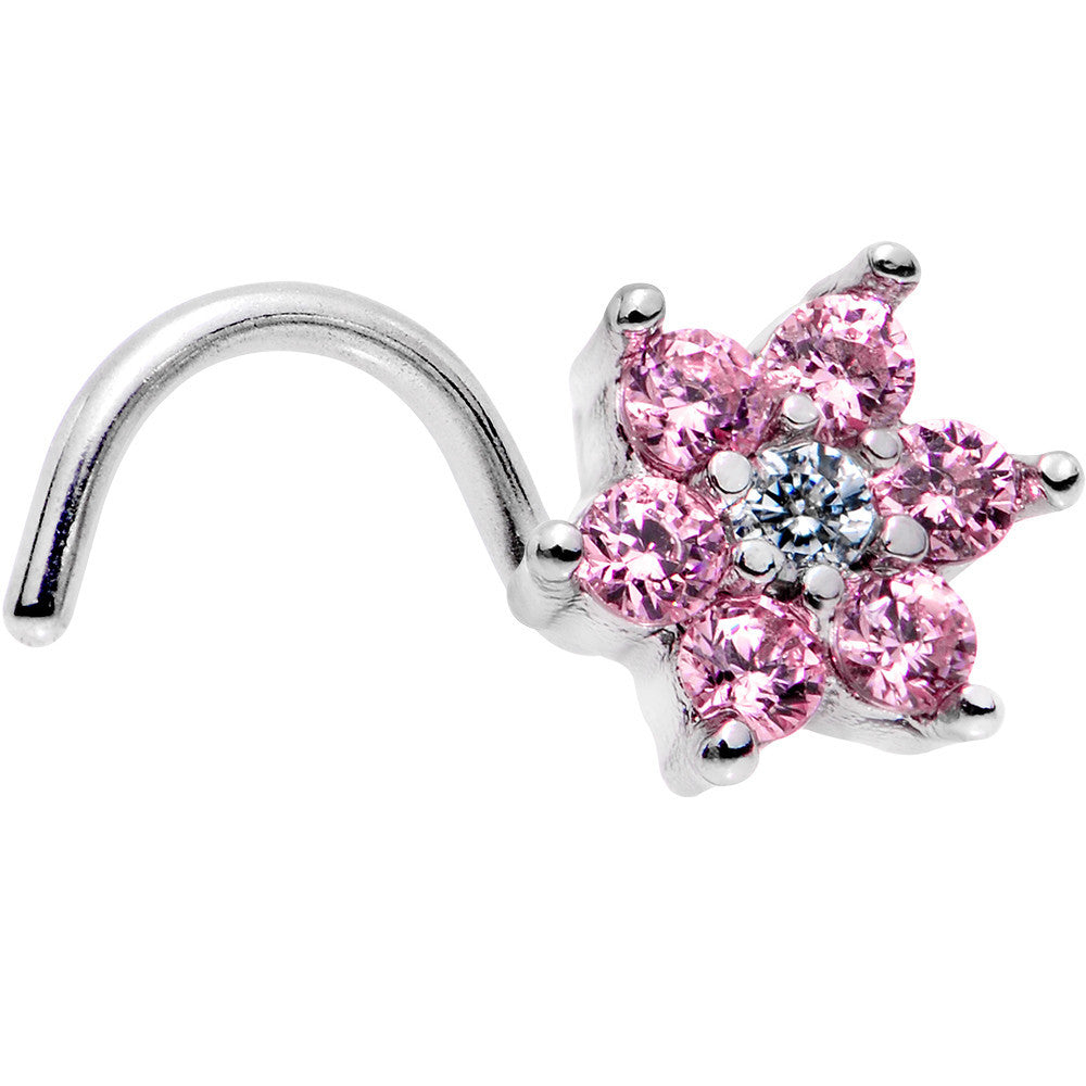 20 Gauge 1/4 Pink and Clear CZ Gem Flower Right Nose Screw