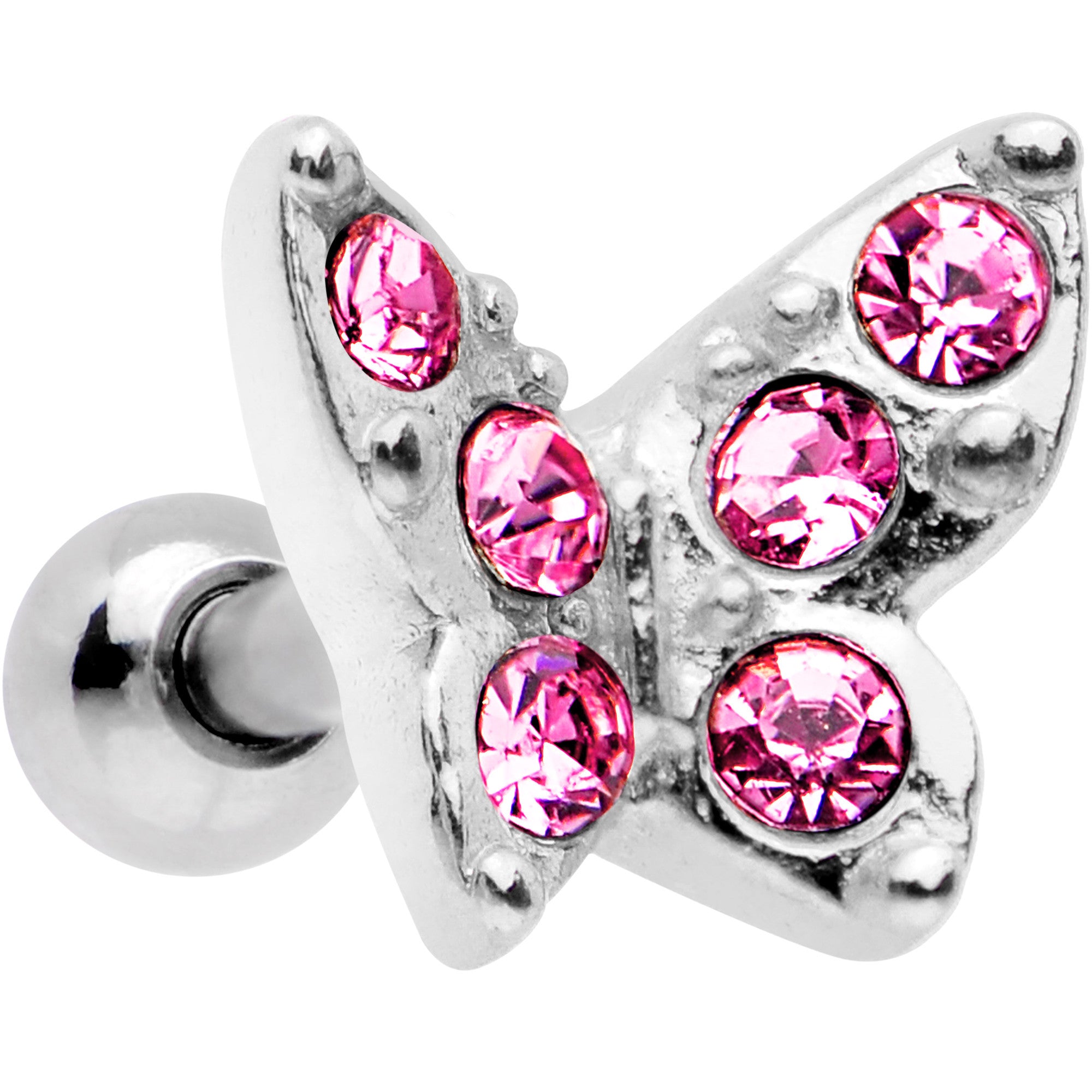 16 Gauge Pink Gem Silver Tone Butterfly Tragus Cartilage Earring