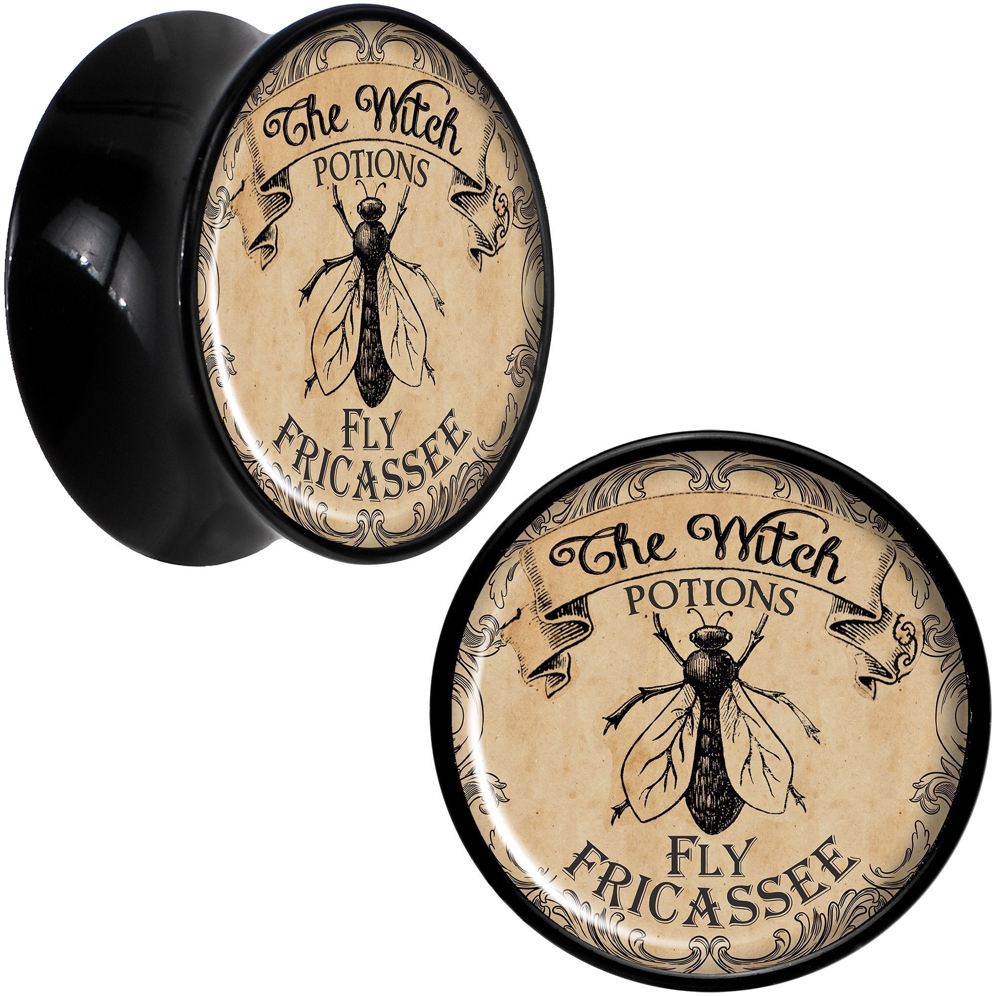 Witches Brew Fly Fricassee Halloween Black Acrylic Plug Sizes 0 Gauge to 20mm