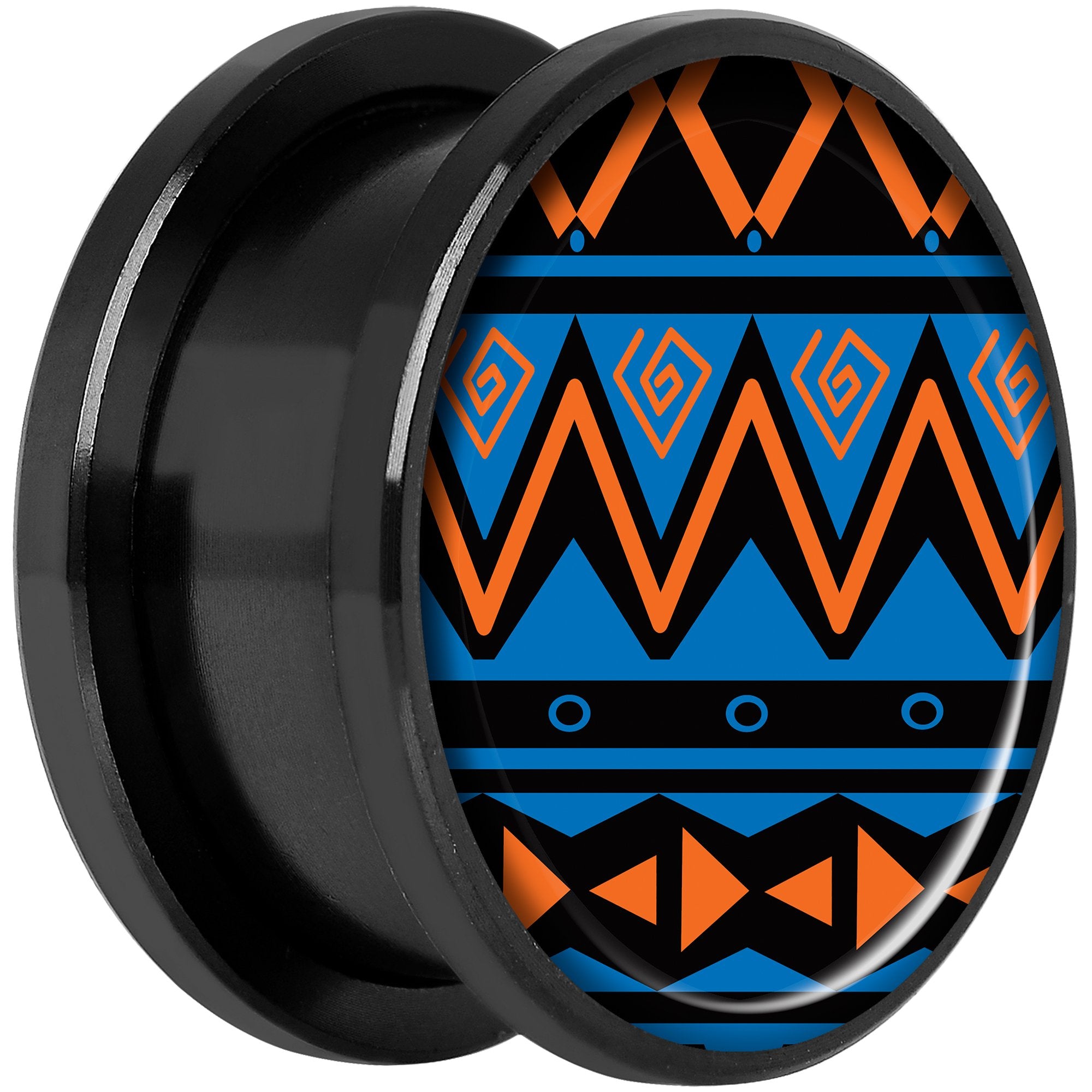 Blue Orange Tribal Print Black Anodized Screw Fit Plug Set 18mm