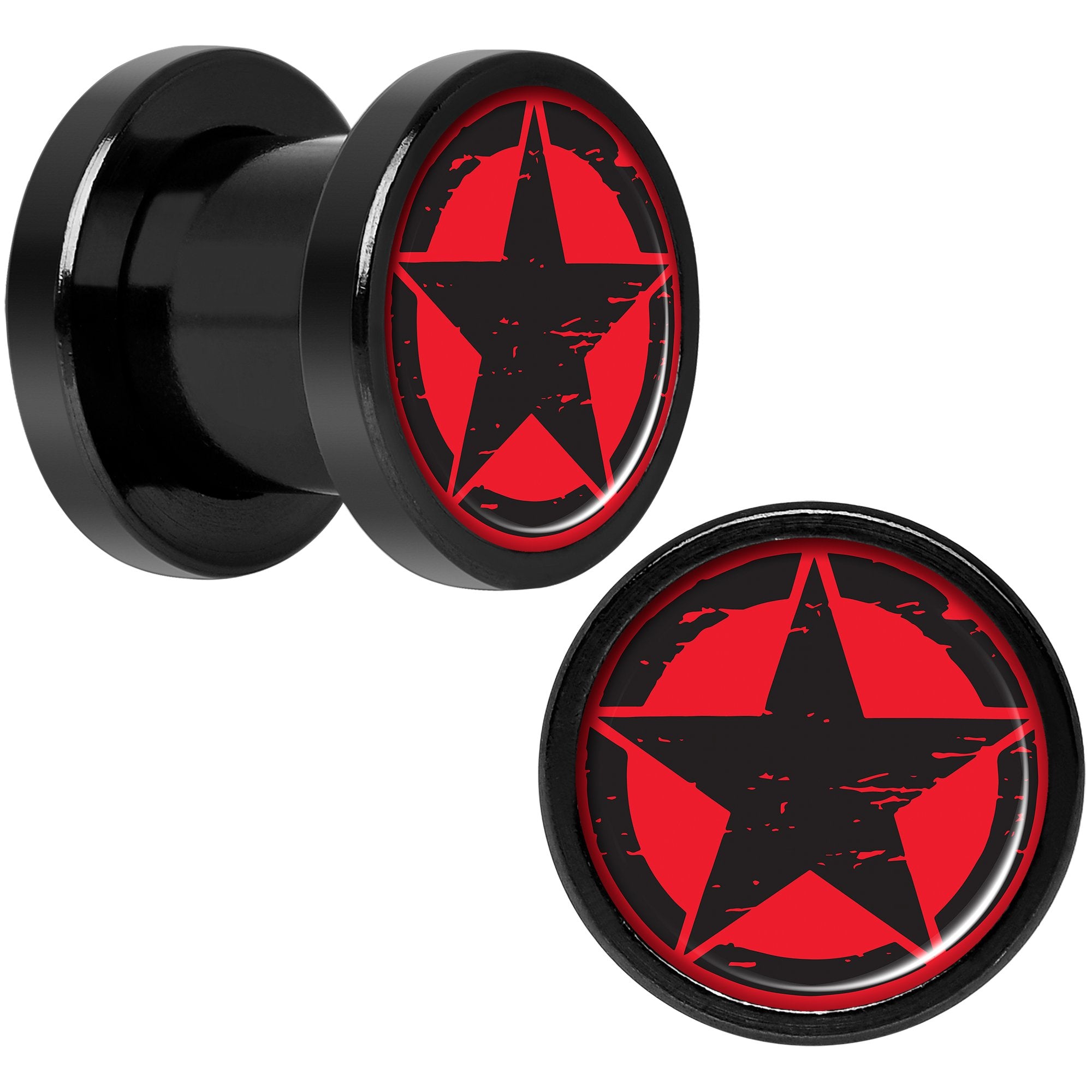 Black Red Distressed Star Black Anodized Screw Fit Plug Set 0 Gauge