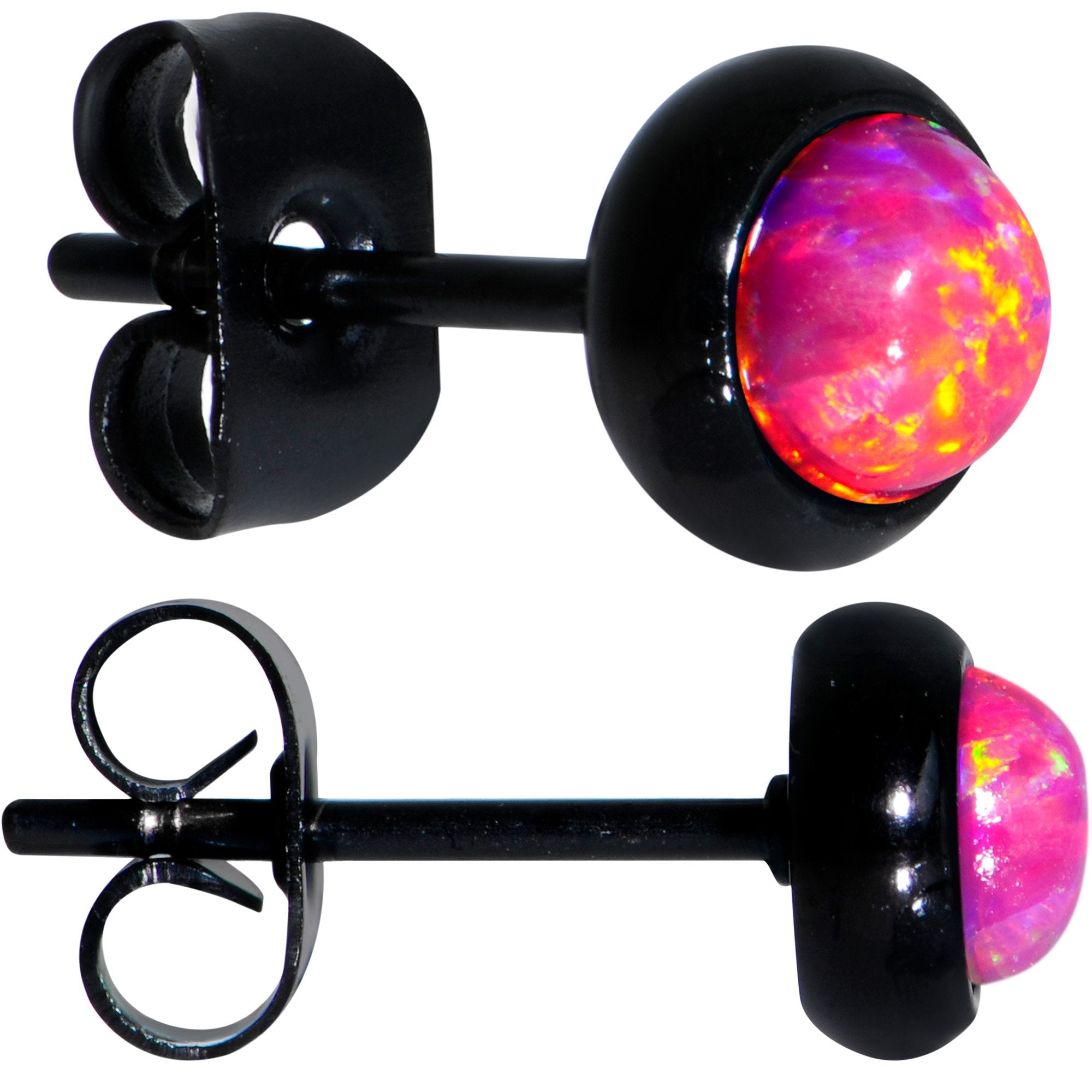 Red Synthetic Opal Black IP 316L Surgical Steel Stud Earrings