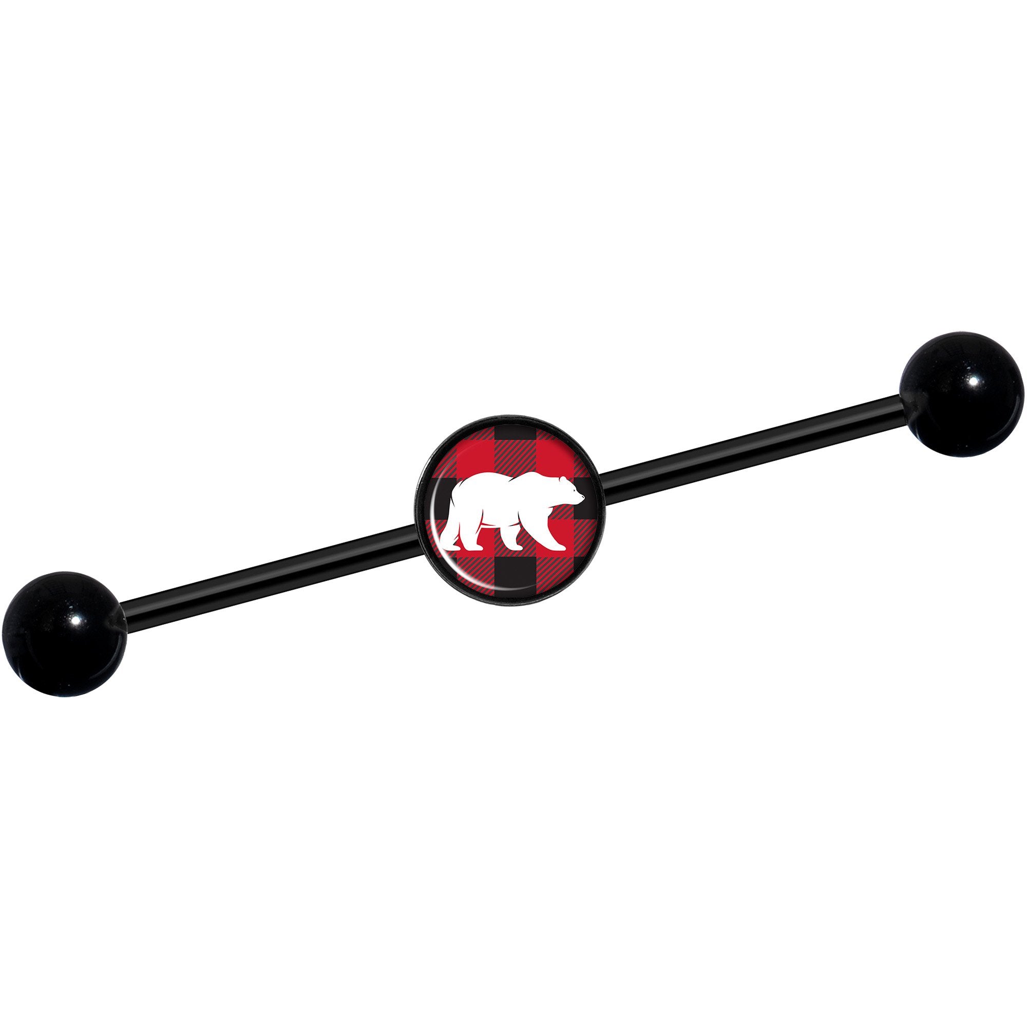 14 Gauge Red Black Plaid Polar Bear Black Industrial Barbell 37mm