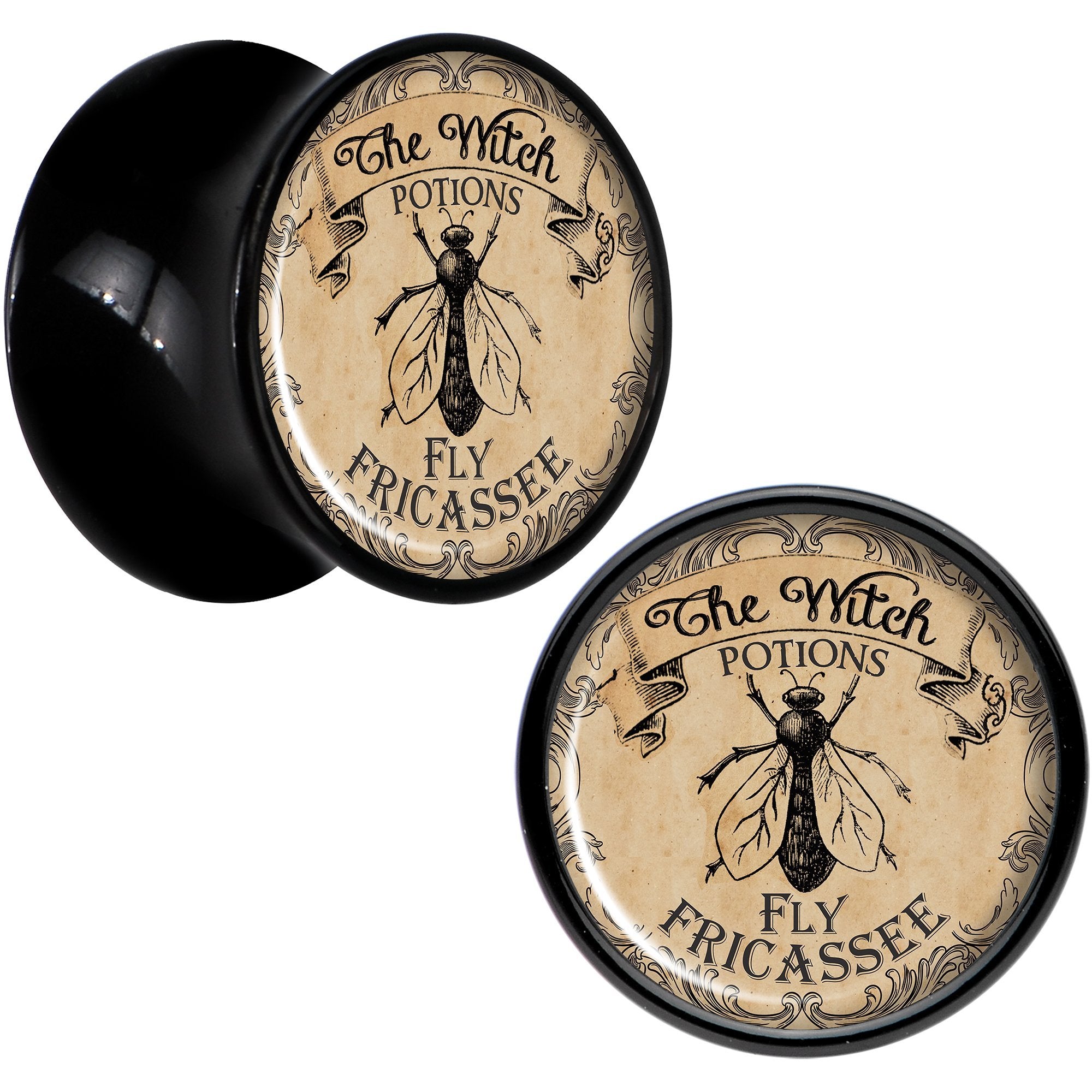 Witches Brew Fly Fricassee Halloween Black Acrylic Plug Sizes 0 Gauge to 20mm