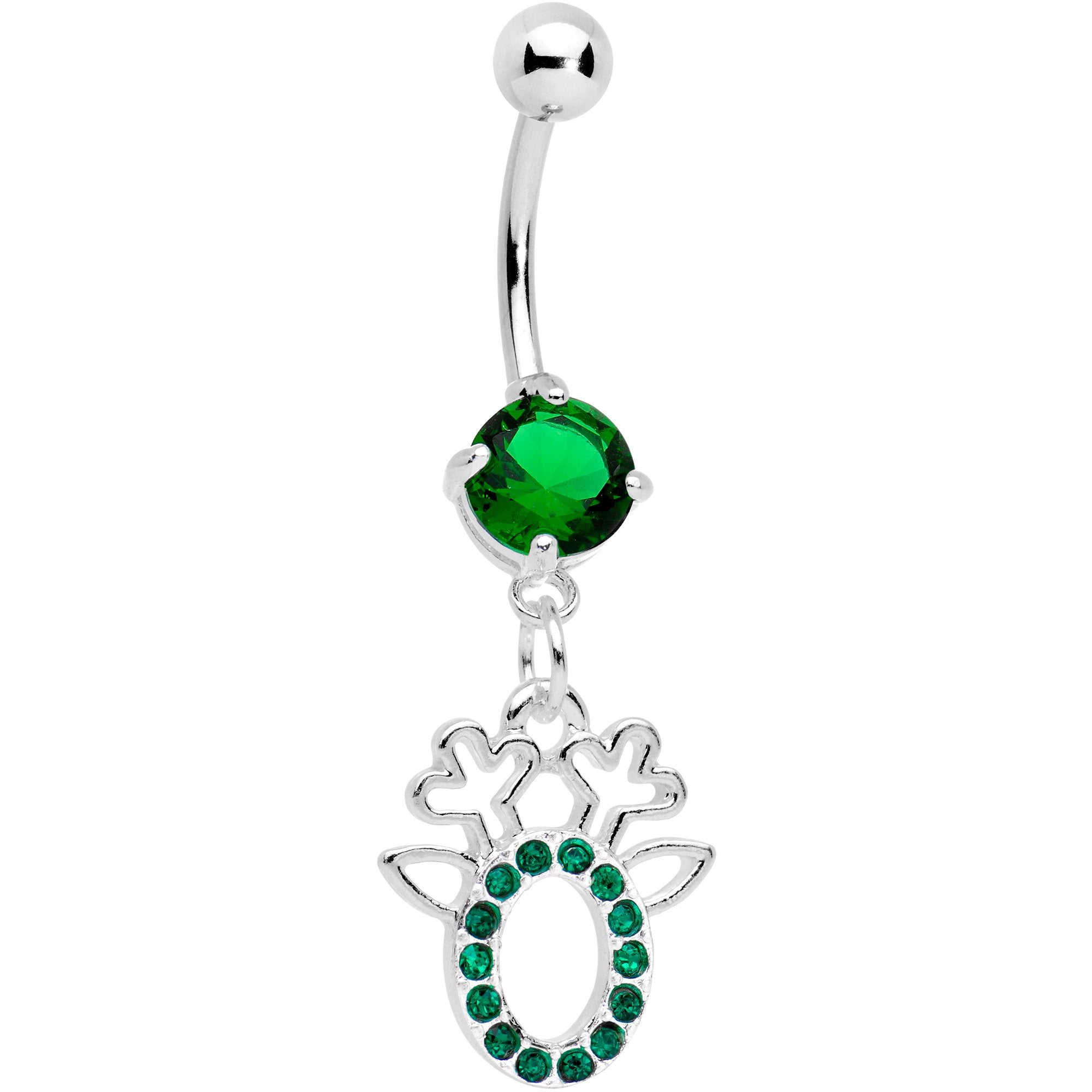 Green Gem Encrusted Christmas Reindeer Dangle Belly Ring