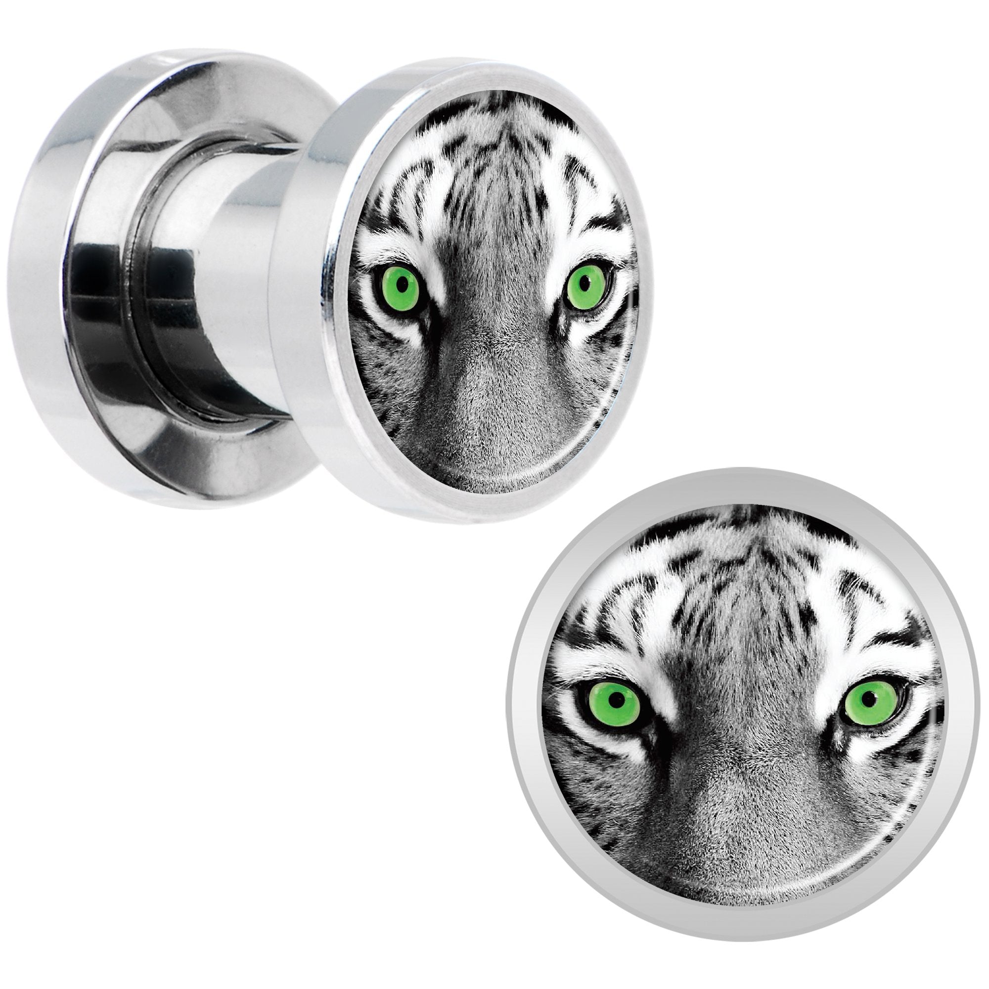 Black White Tiger Eyes Steel Screw Fit Plug Set 2 Gauge