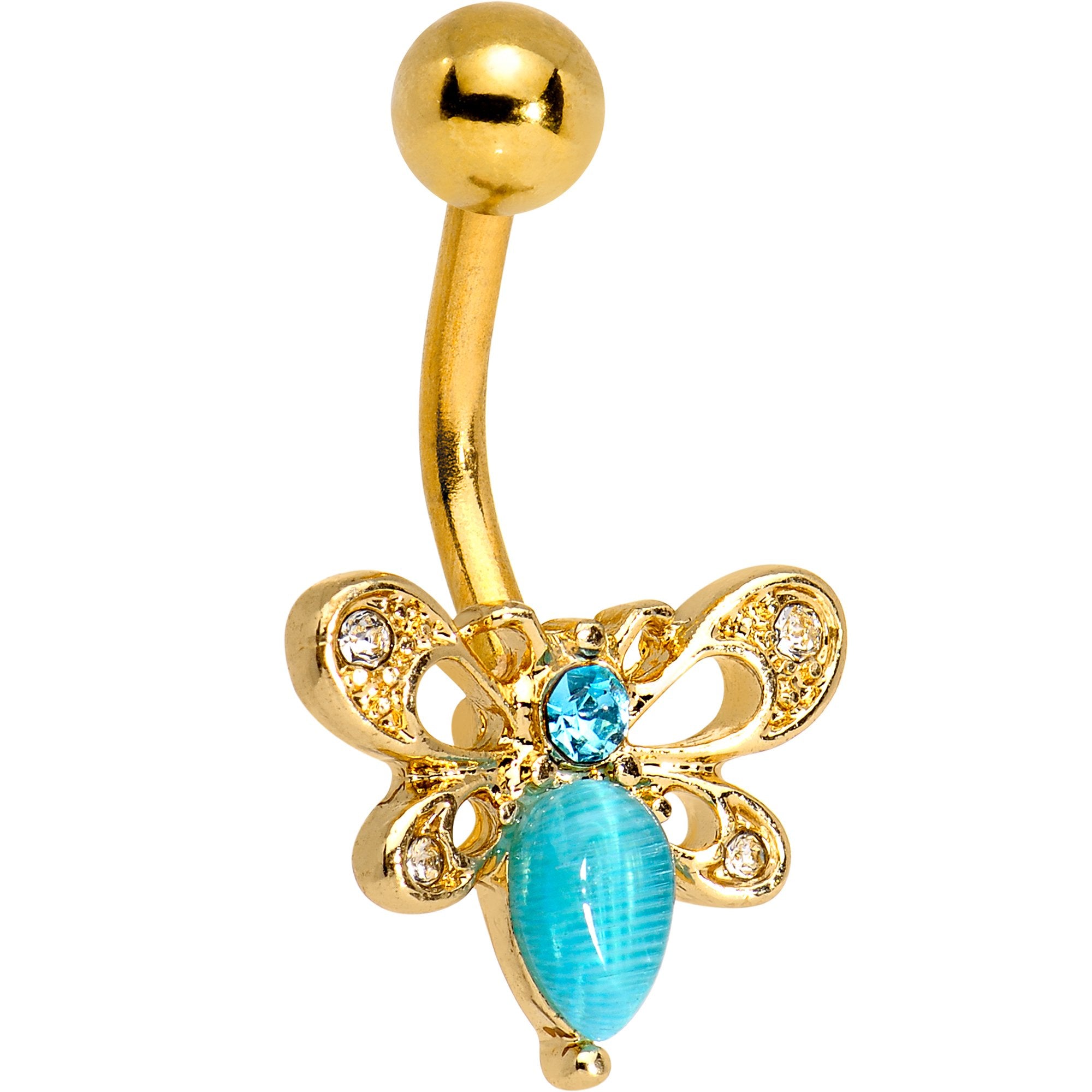 Aqua Gem Gold Tone Anodized Honey Butterfly Belly Ring