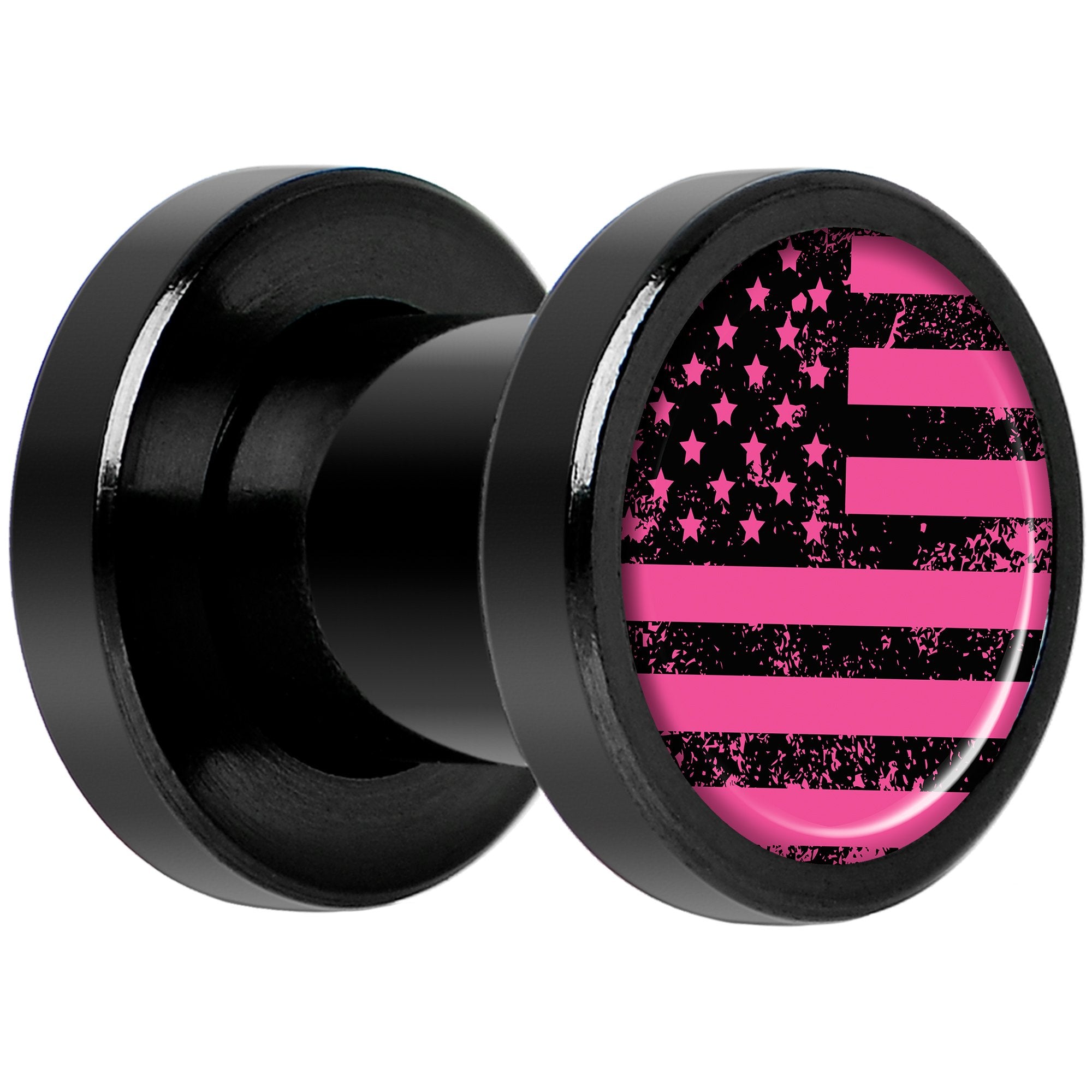 Pink American Flag Black Anodized Screw Fit Plug Set 2 Gauge