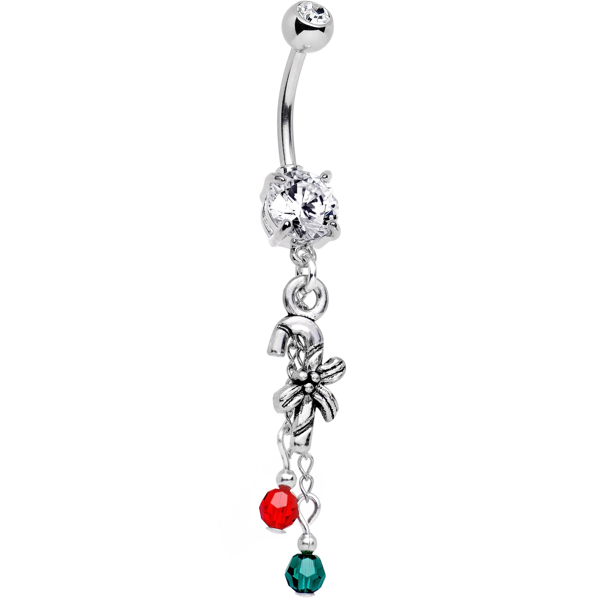 Holiday Candy Cane Dangle Belly Ring Created with Crystals