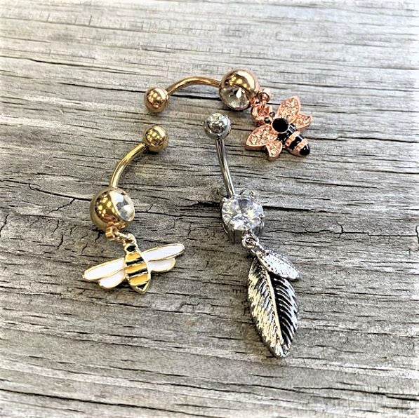 Clear Gem Gold Tone Striped Bee Dangle Belly Ring