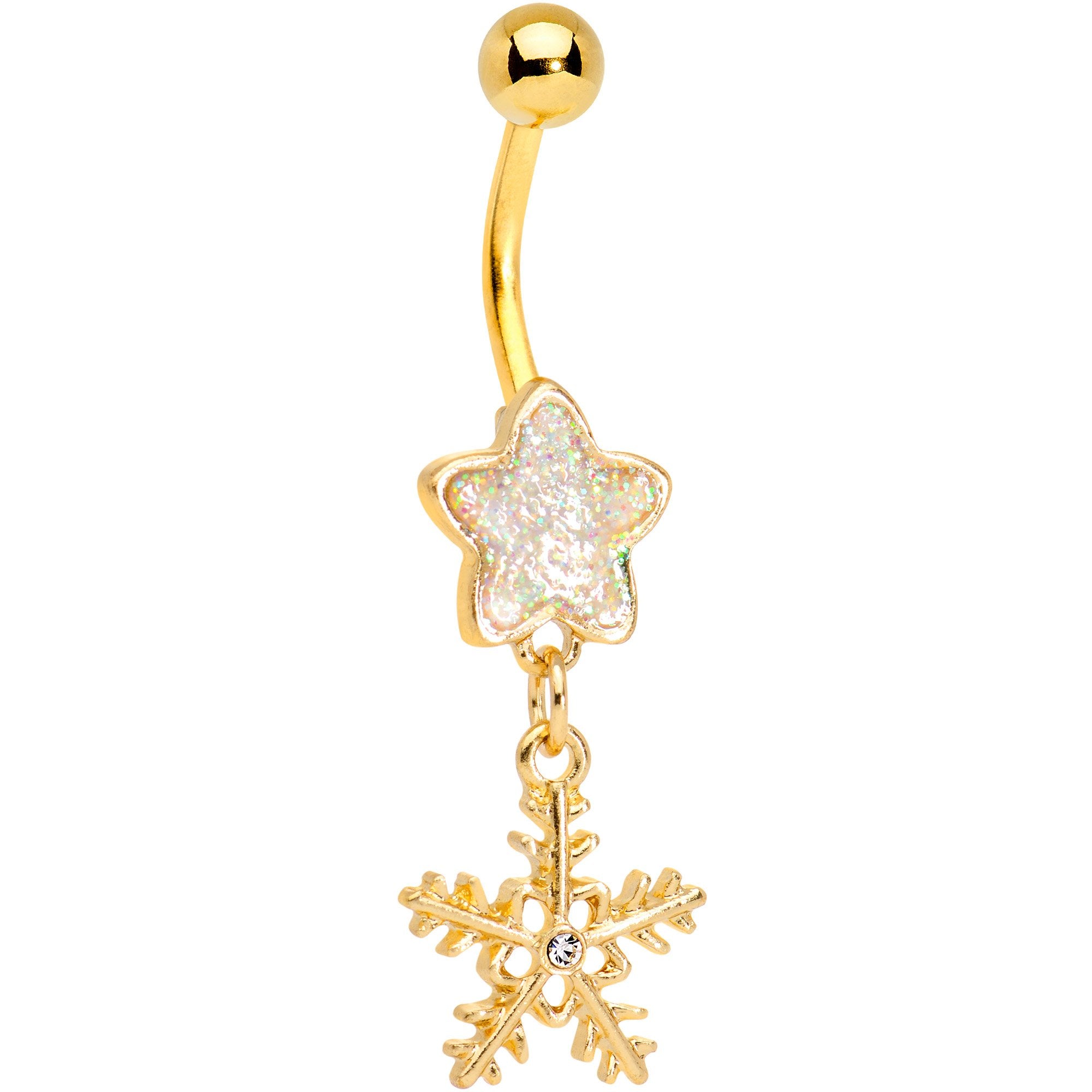 White Gem Gold Plated Star and Snowflake Dangle Belly Ring