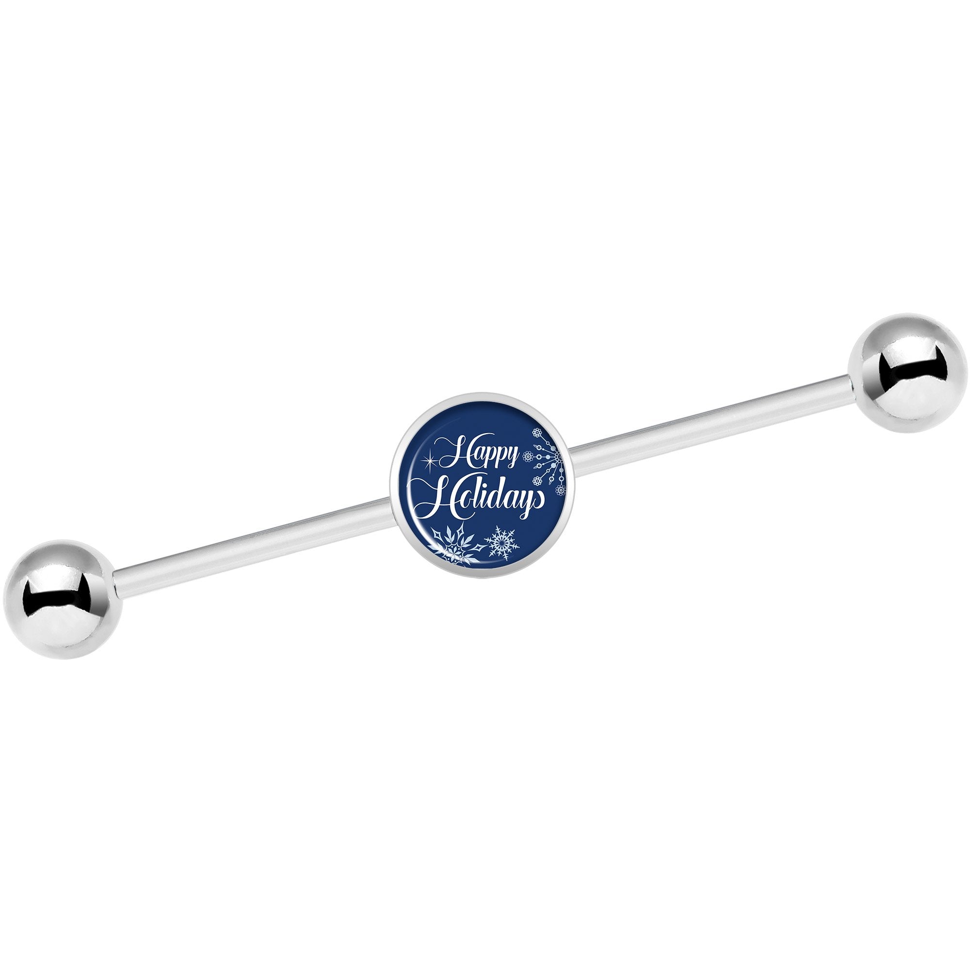 14 Gauge Happy Holidays Snowflake Industrial Barbell 37mm