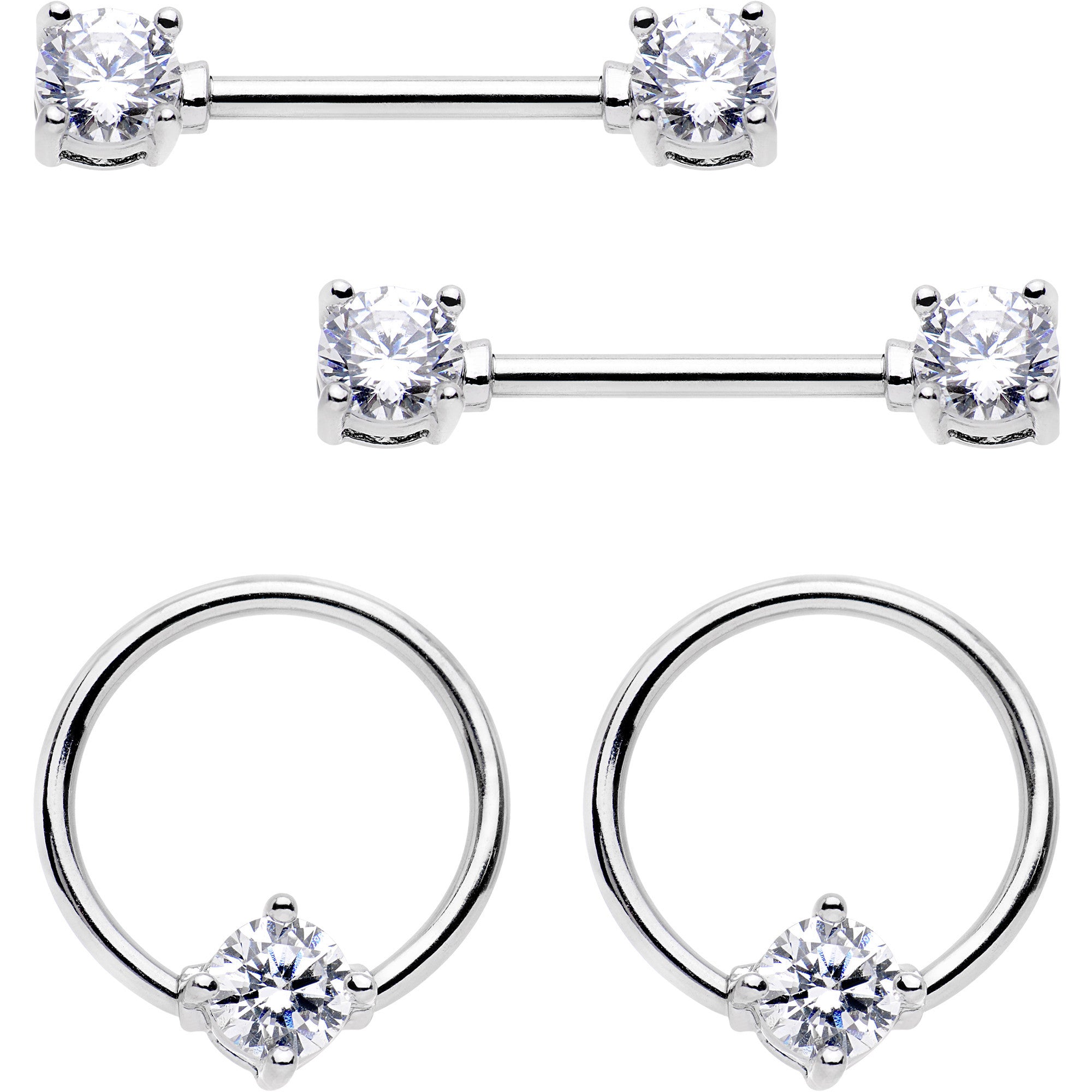 14 Gauge 9/16 Clear Gem BCR Captive Ring Barbell Nipple Ring Set