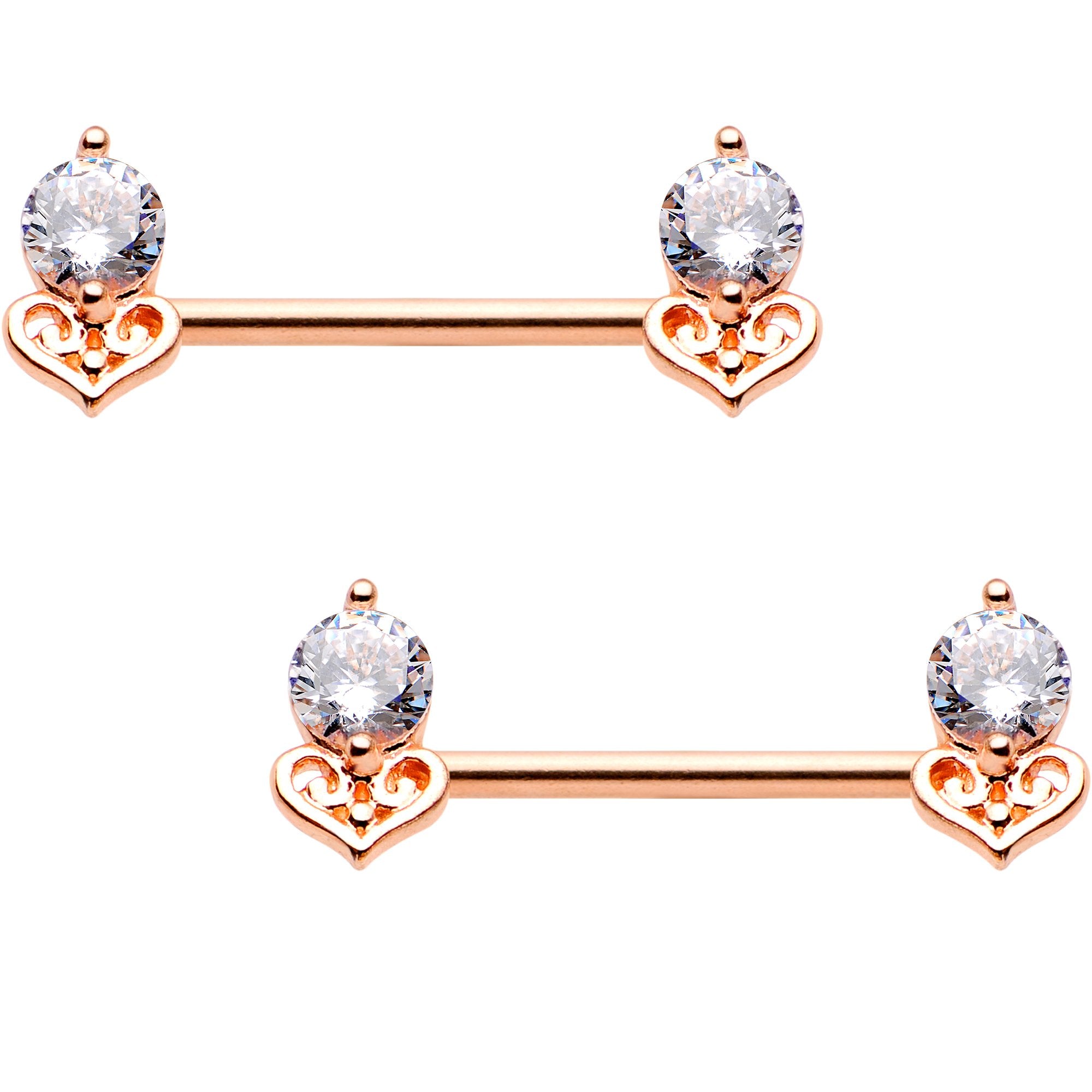 14 Gauge Clear CZ Gem Rose Gold Tone BCR Ring Barbell Nipple Ring Set