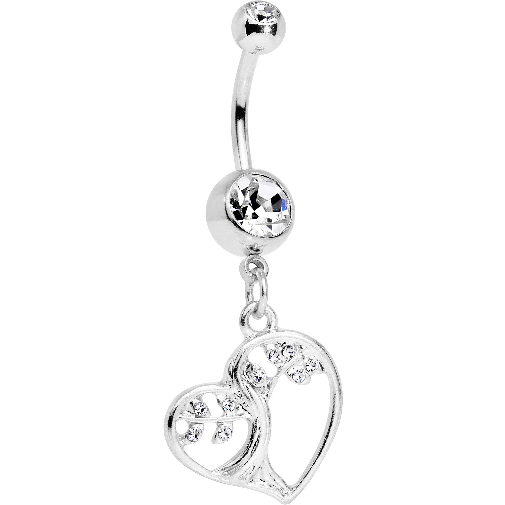 Clear CZ Gem Tree of Life Heart Dangle Belly Ring