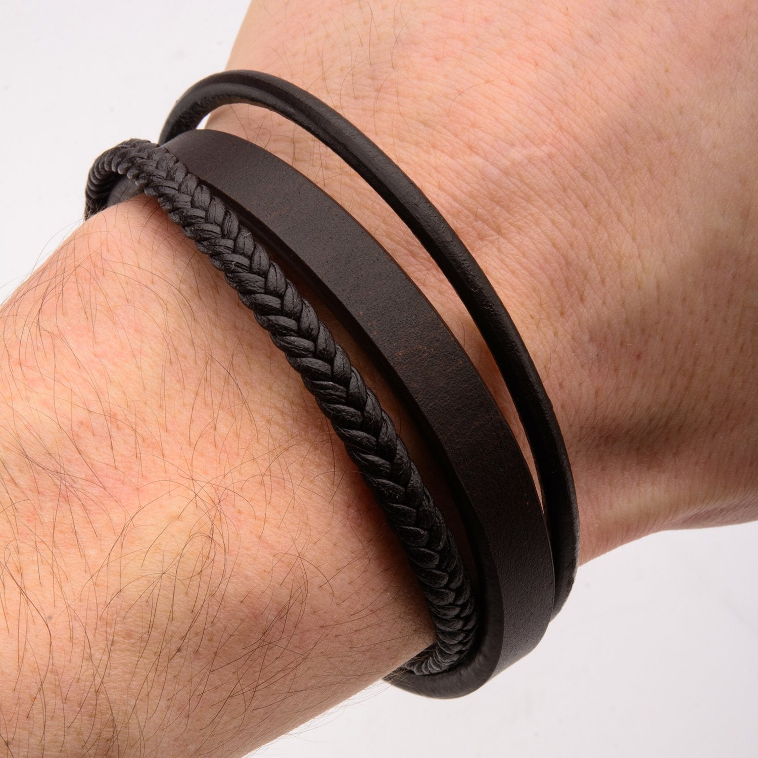 Mens Brown Braided Leather Layered 14.5mm Bracelet