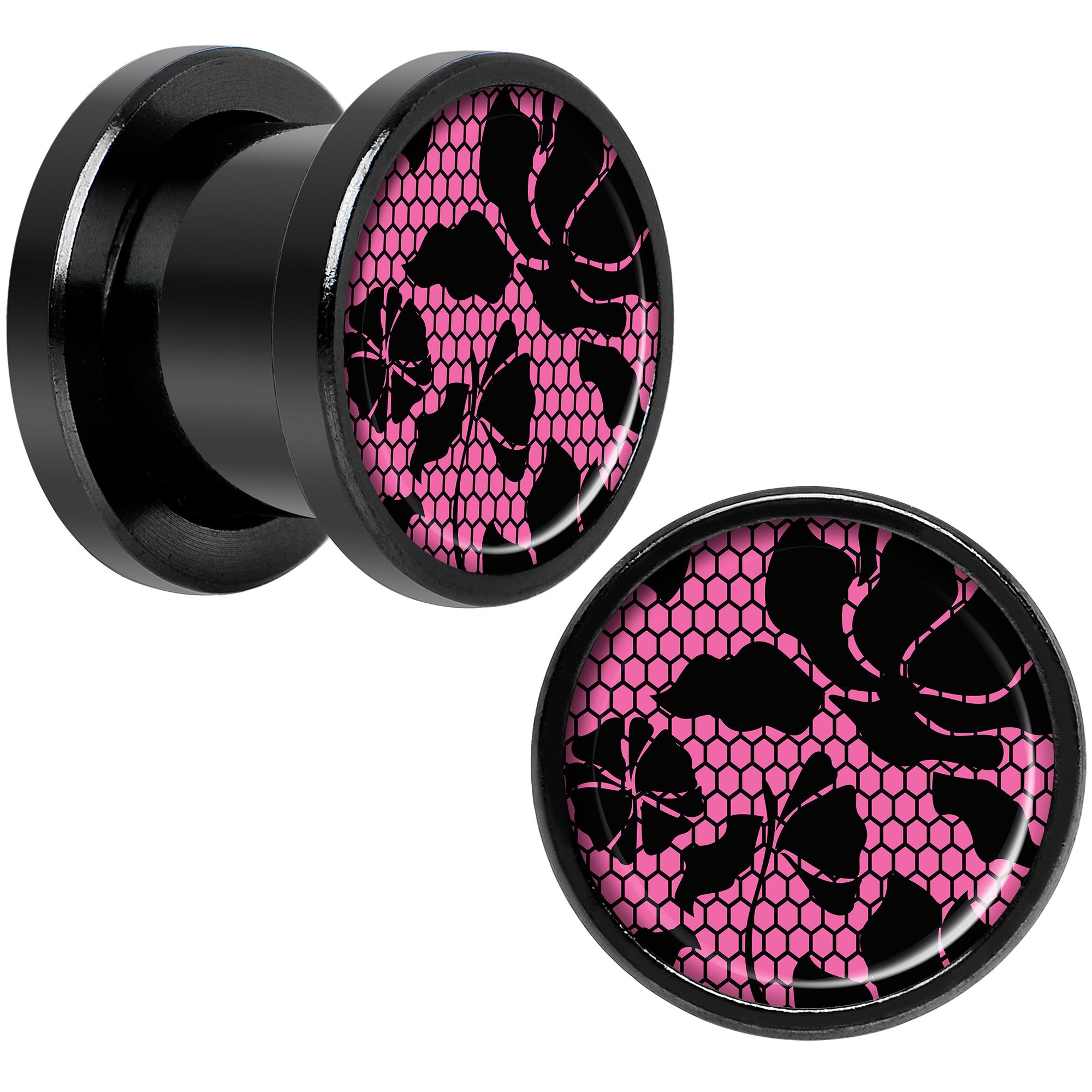 Pink Floral Lace Black Anodized Screw Fit Plug Set 00 Gauge