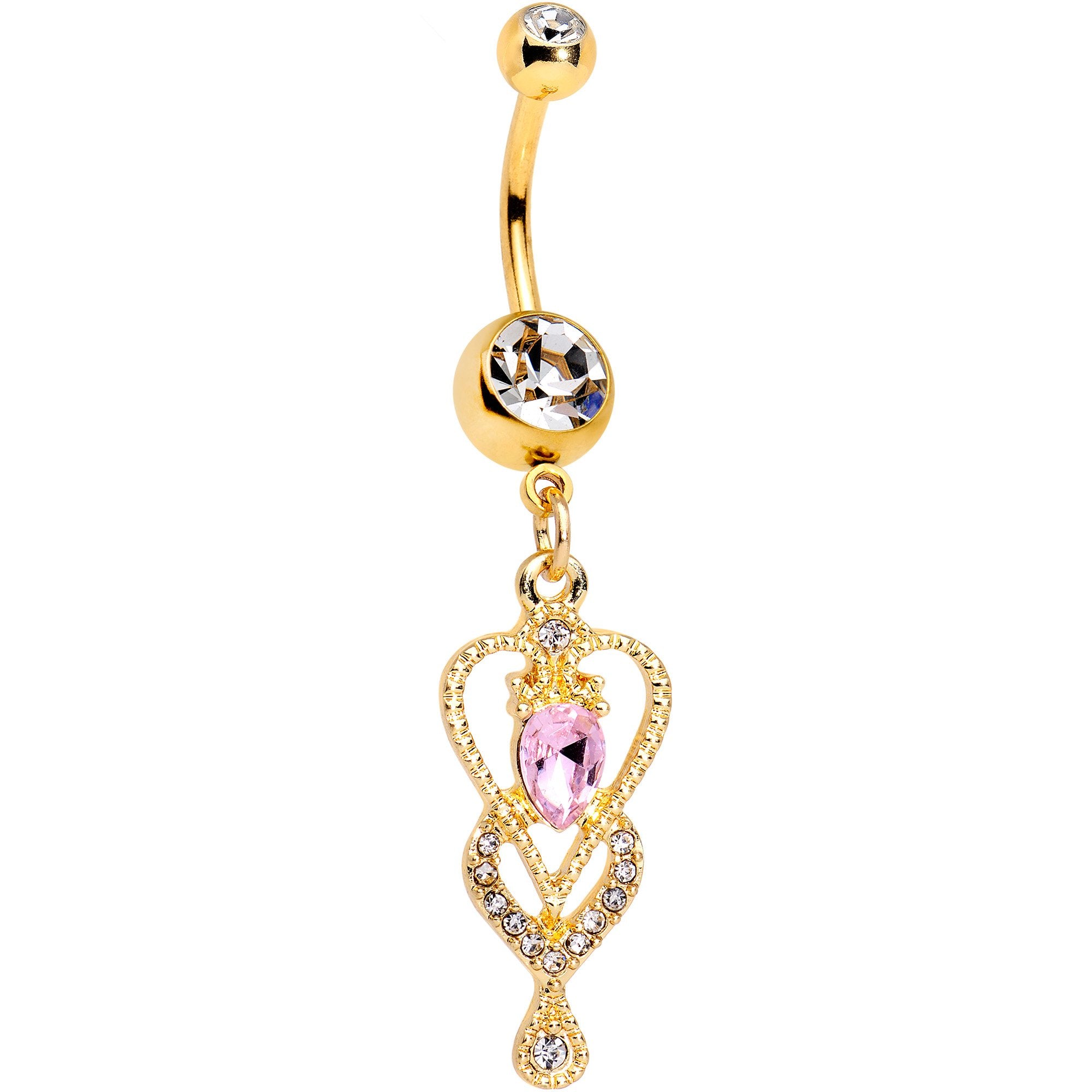 Clear Pink Gem Gold Tone Anodized Double Deco Heart Dangle Belly Ring