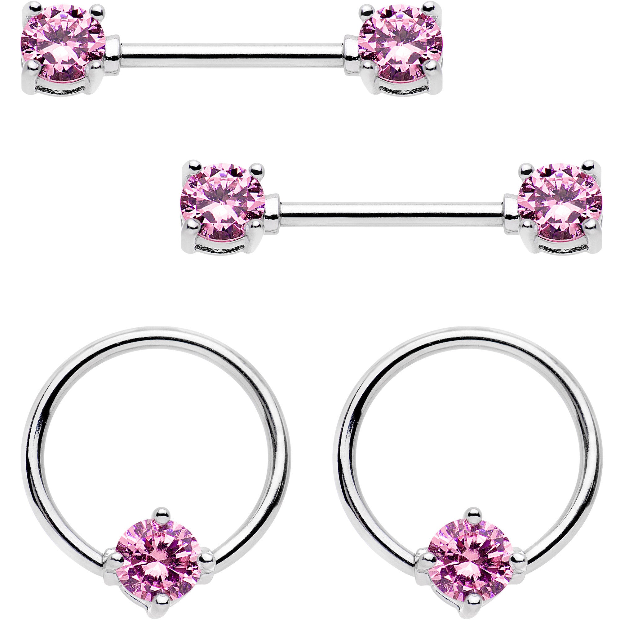 14 Gauge 9/16 Pink Gem BCR Captive Ring Barbell Nipple Ring Set