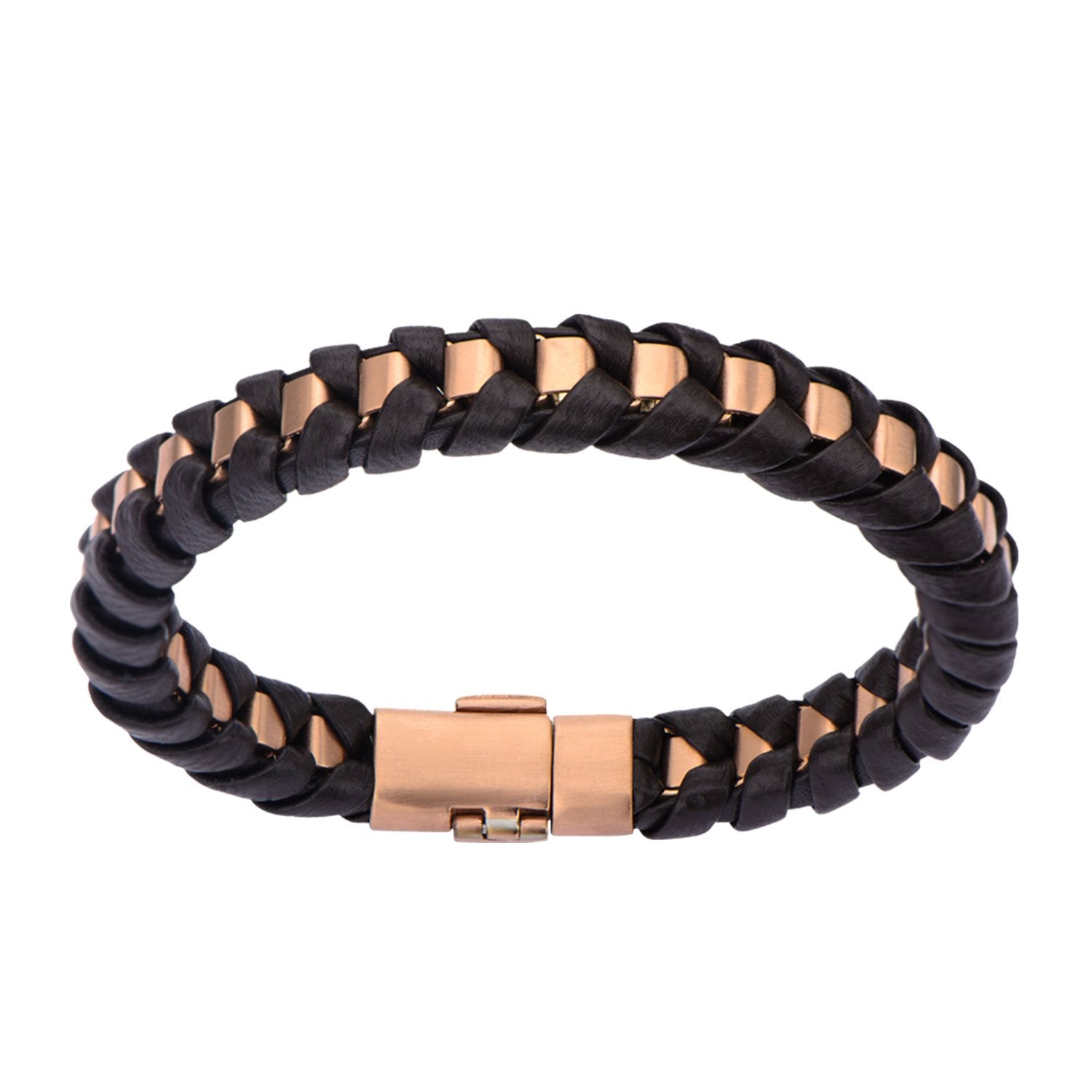 Mens Rose Gold IP Matte Finished with Black Leather Thread Bracelet