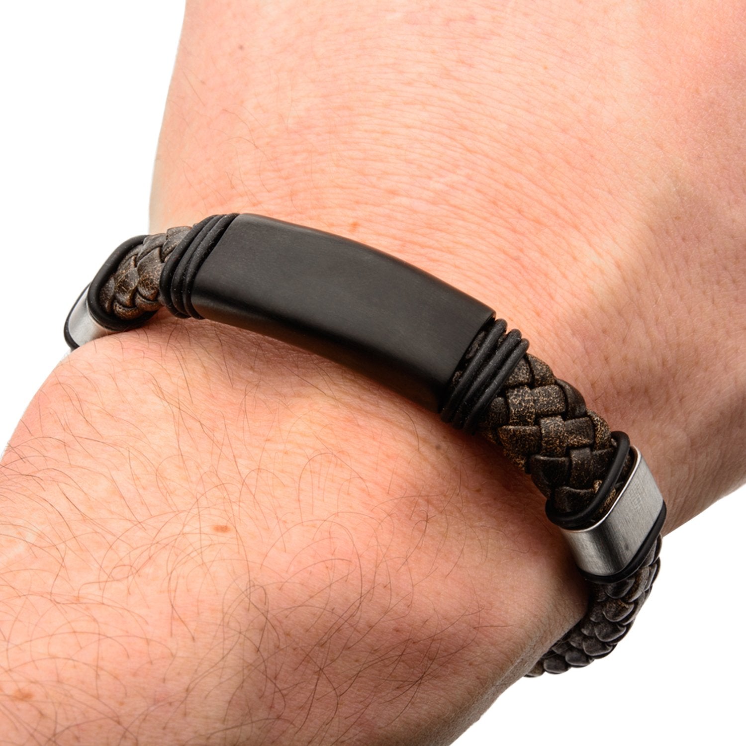 Mens Stainless Steel Brown Braided Leather 7mm Steel Clasp Bracelet