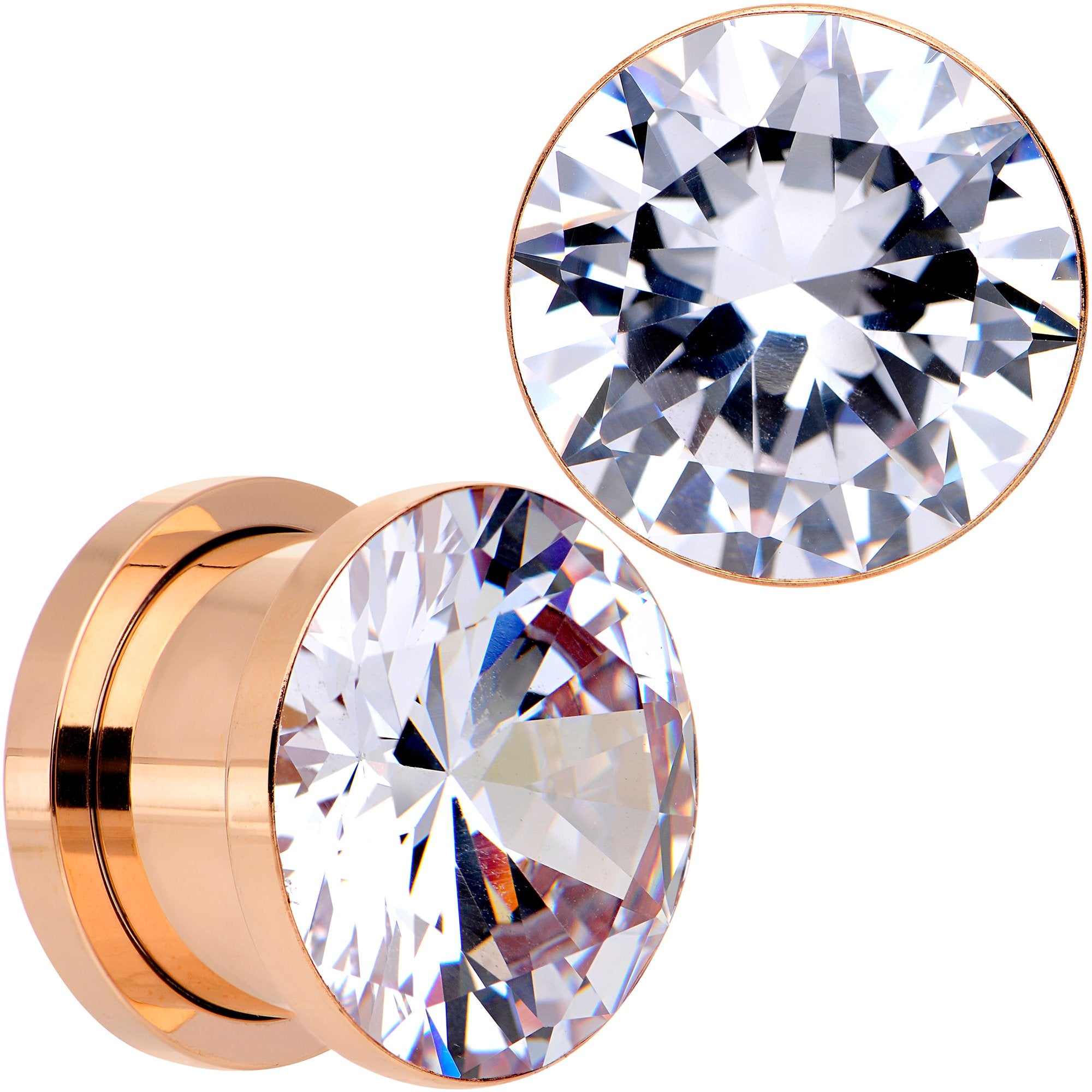 Clear CZ Gem Rose Gold PVD Glitzy Screw Fit Tunnel Plug Set