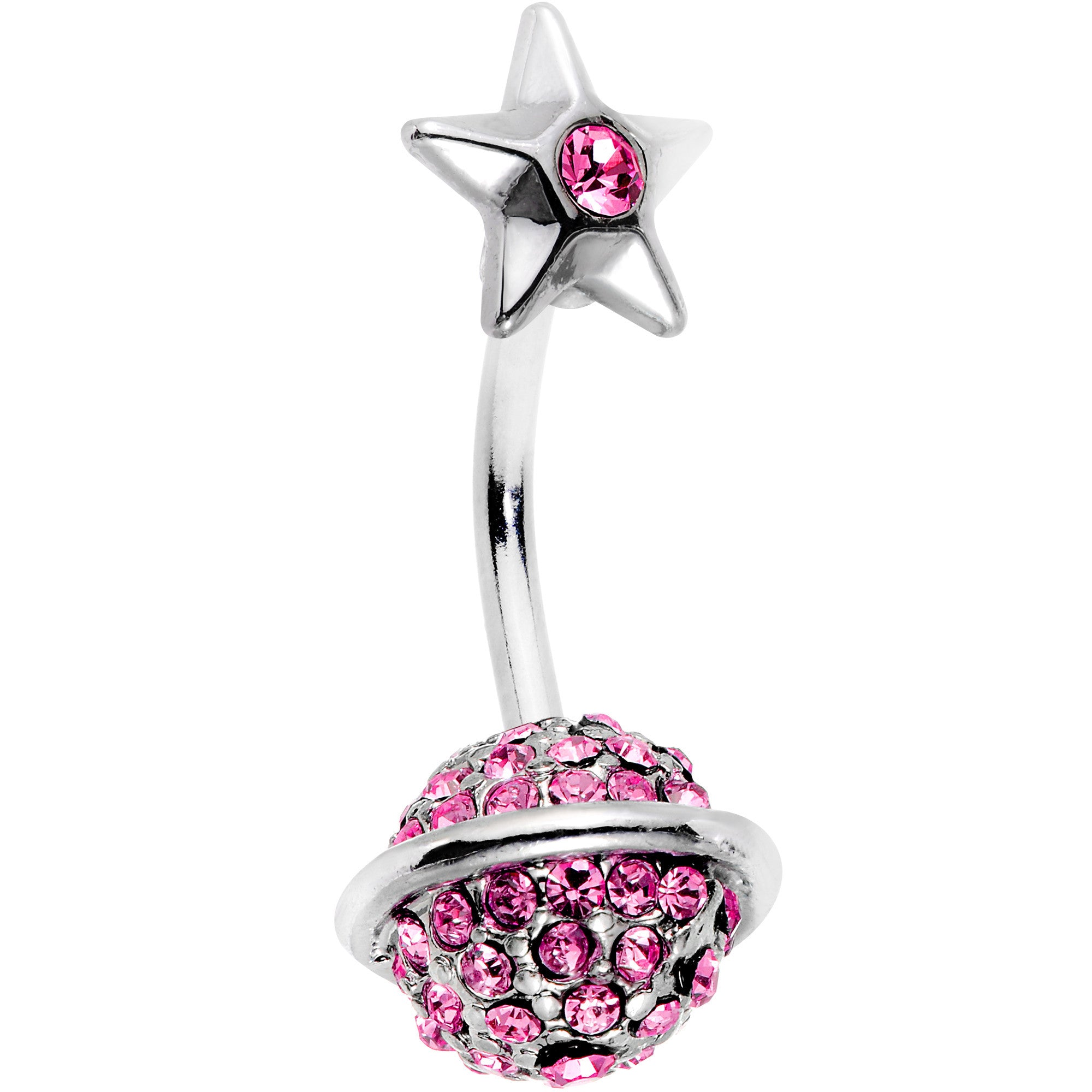 Pink Gem Rings of Saturn Planet and Star Double Mount Belly Ring