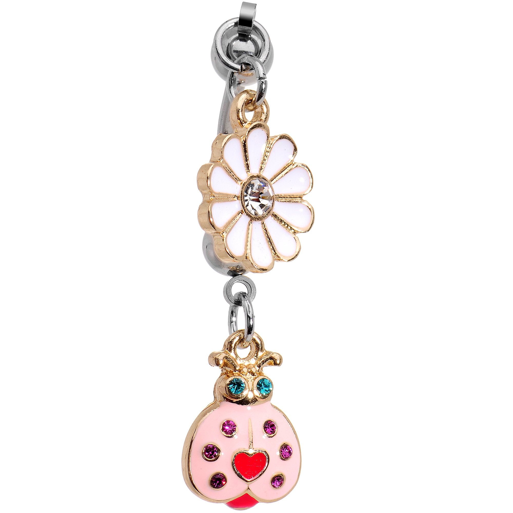 Clear Gem Pink Lovely Lady Bug Flower Double Mount Dangle Belly Ring