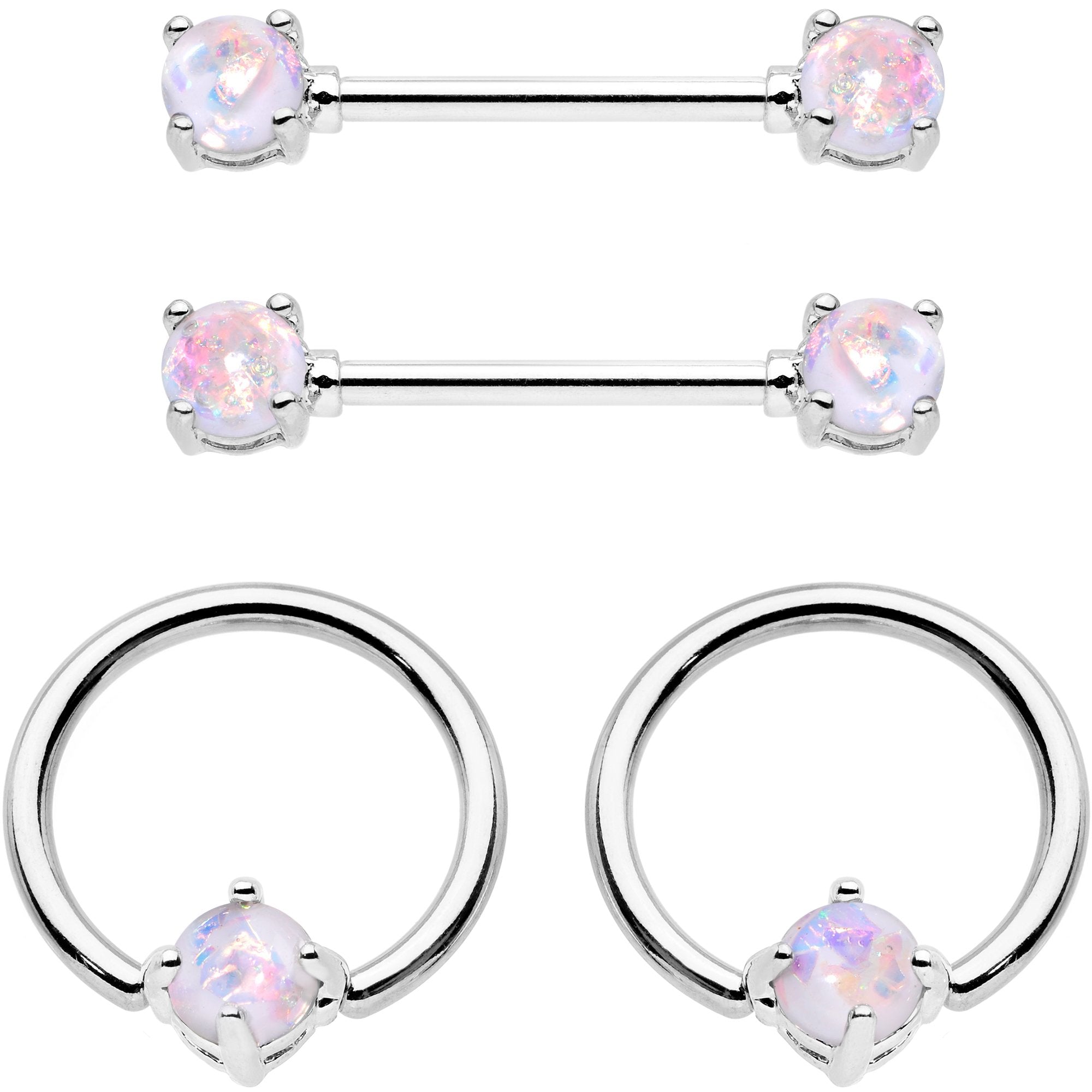 14 Gauge White Faux Opal BCR Captive Ring Barbell Nipple Ring Set