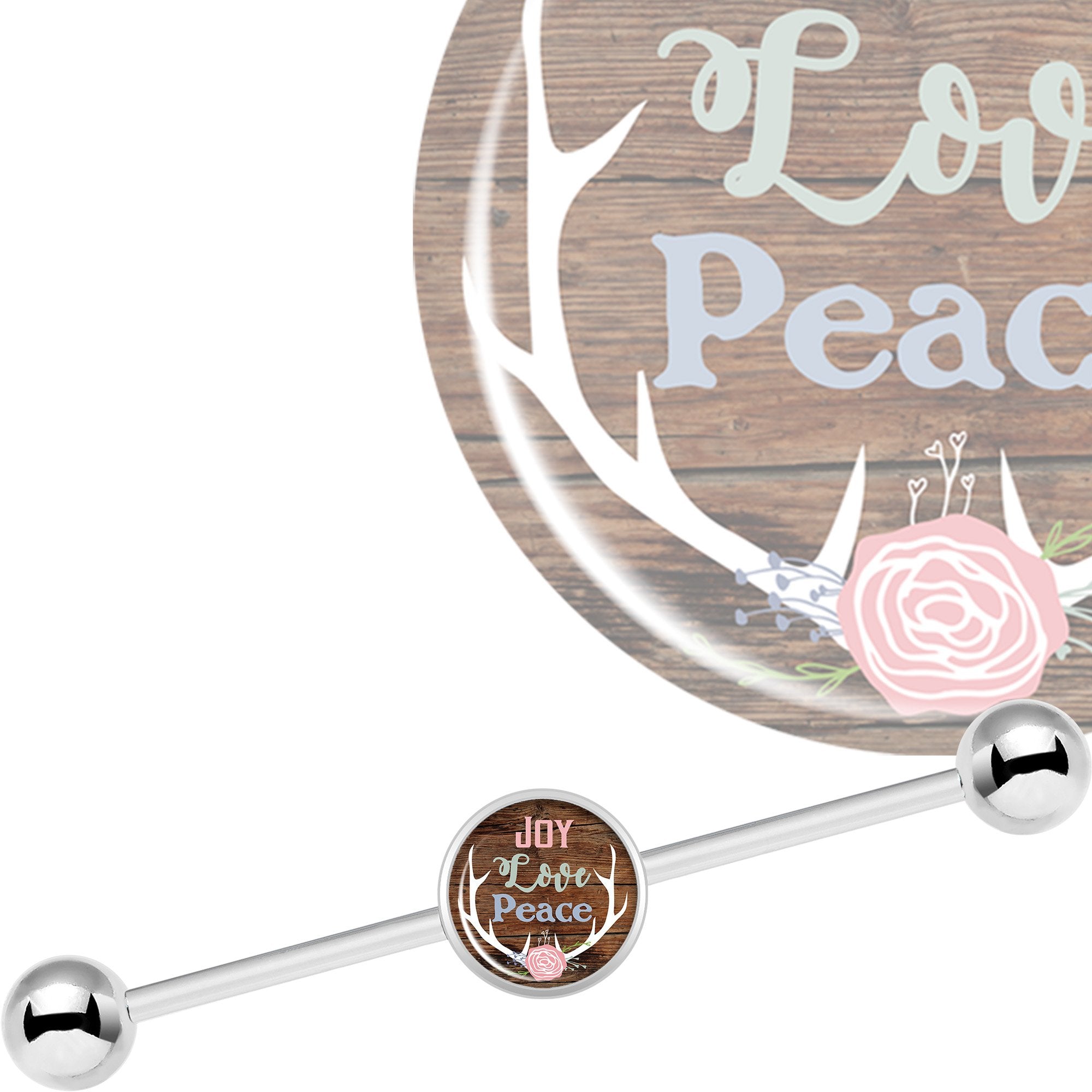 14 Gauge Joy Love Peace Antlers Industrial Barbell 37mm