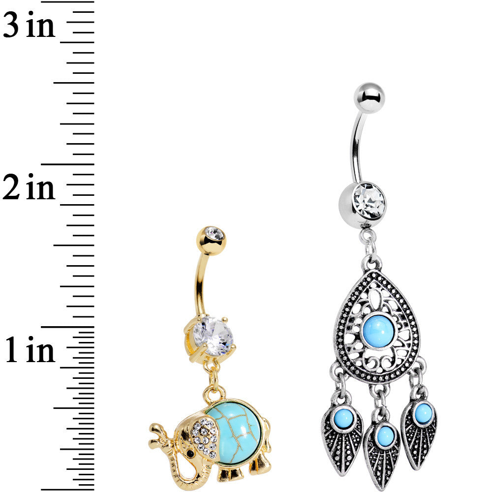 Faux Turquoise Elephant and Dreamcatcher Dangle Belly Ring Set