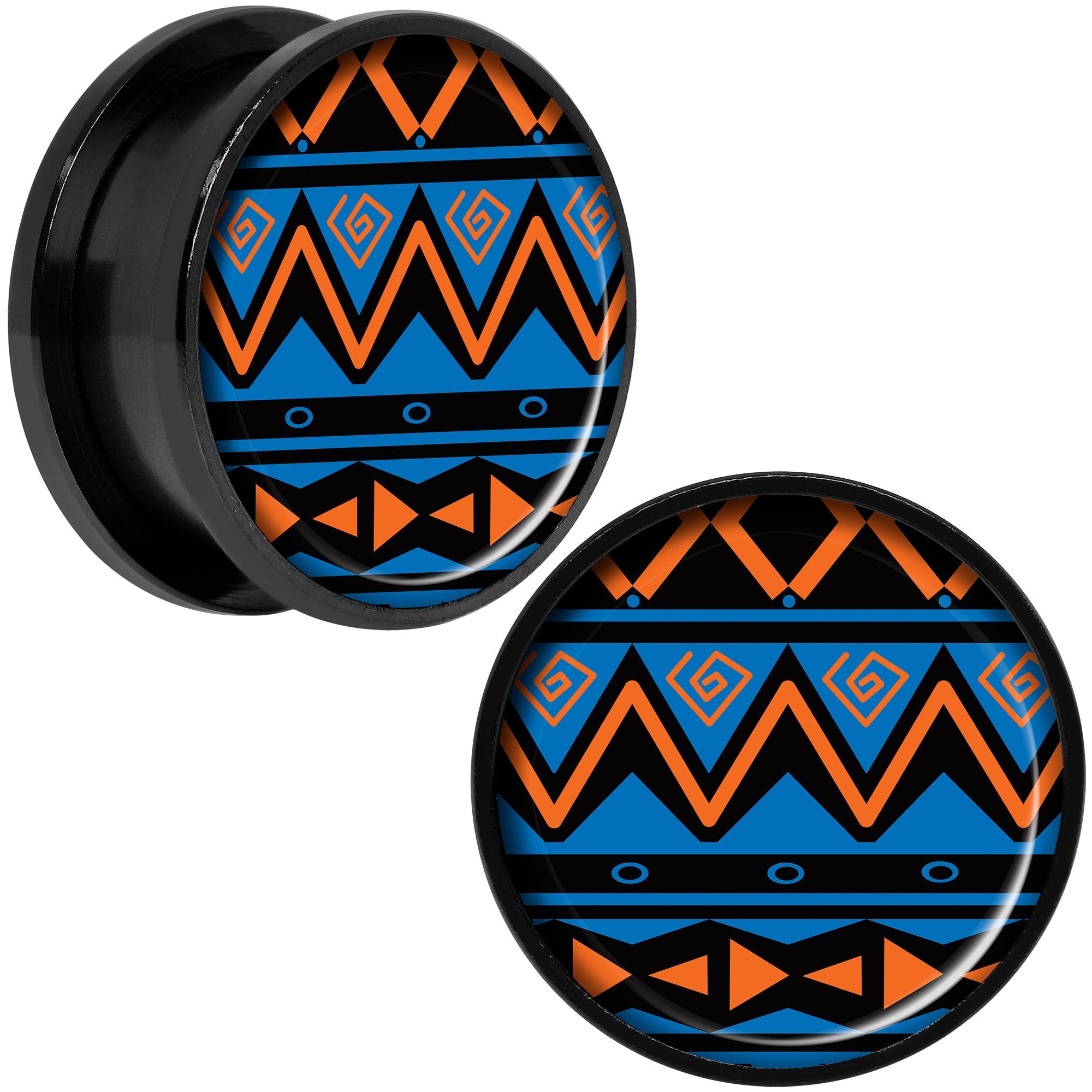 Blue Orange Tribal Print Black Anodized Screw Fit Plug Set 20mm