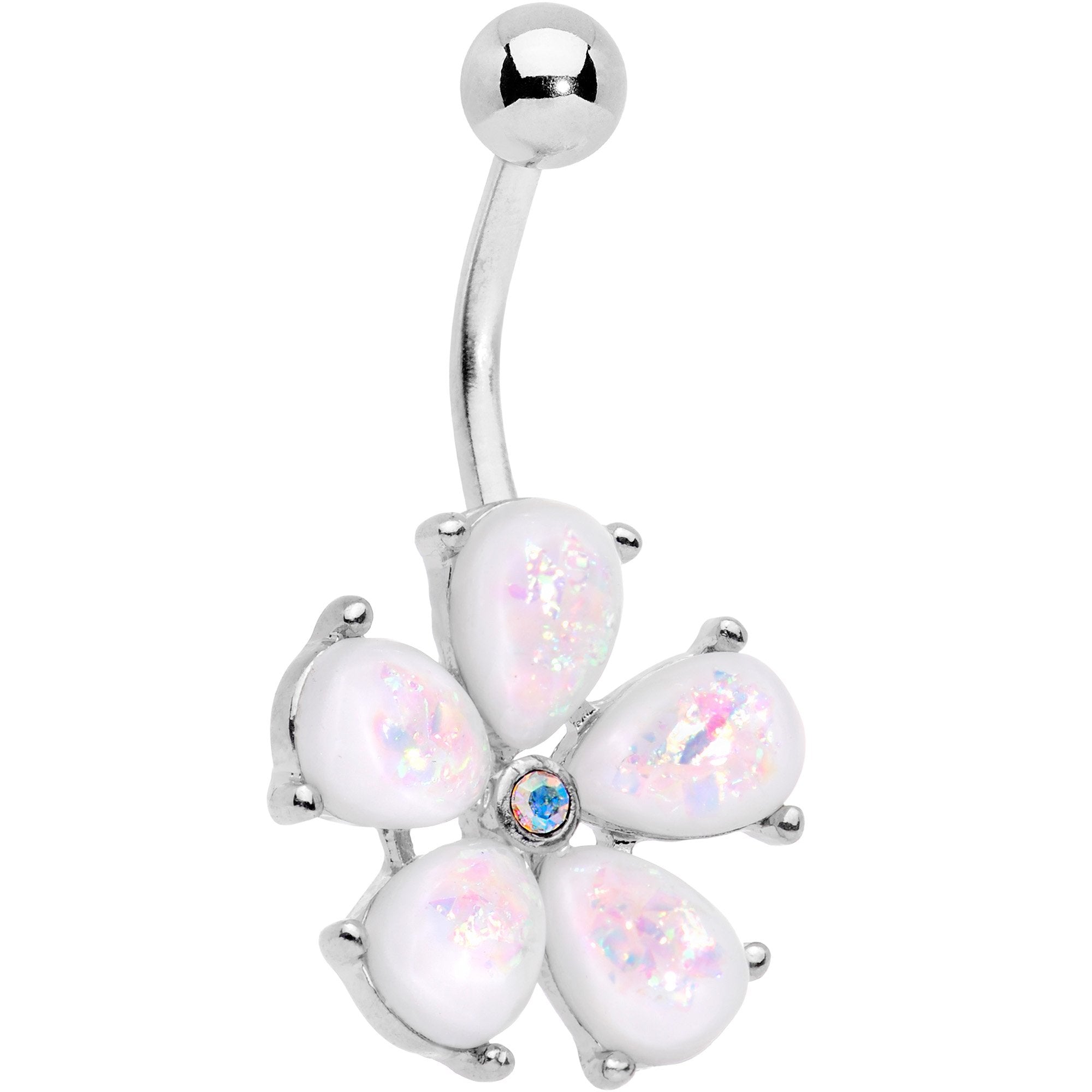 White Faux Opal Five Petal Flower Belly Ring