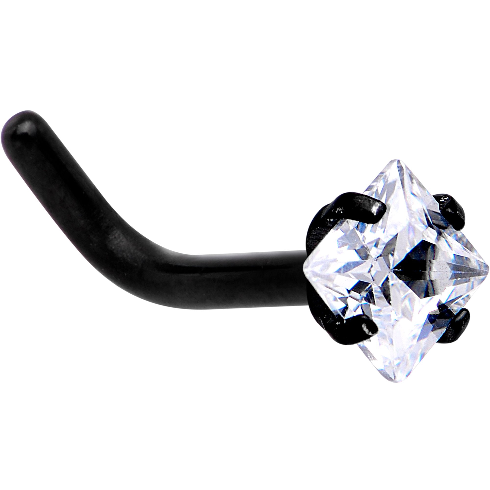 18 Gauge 1/4 Clear Square 2.5mm CZ Gem Black IP L-Shape Nose Ring