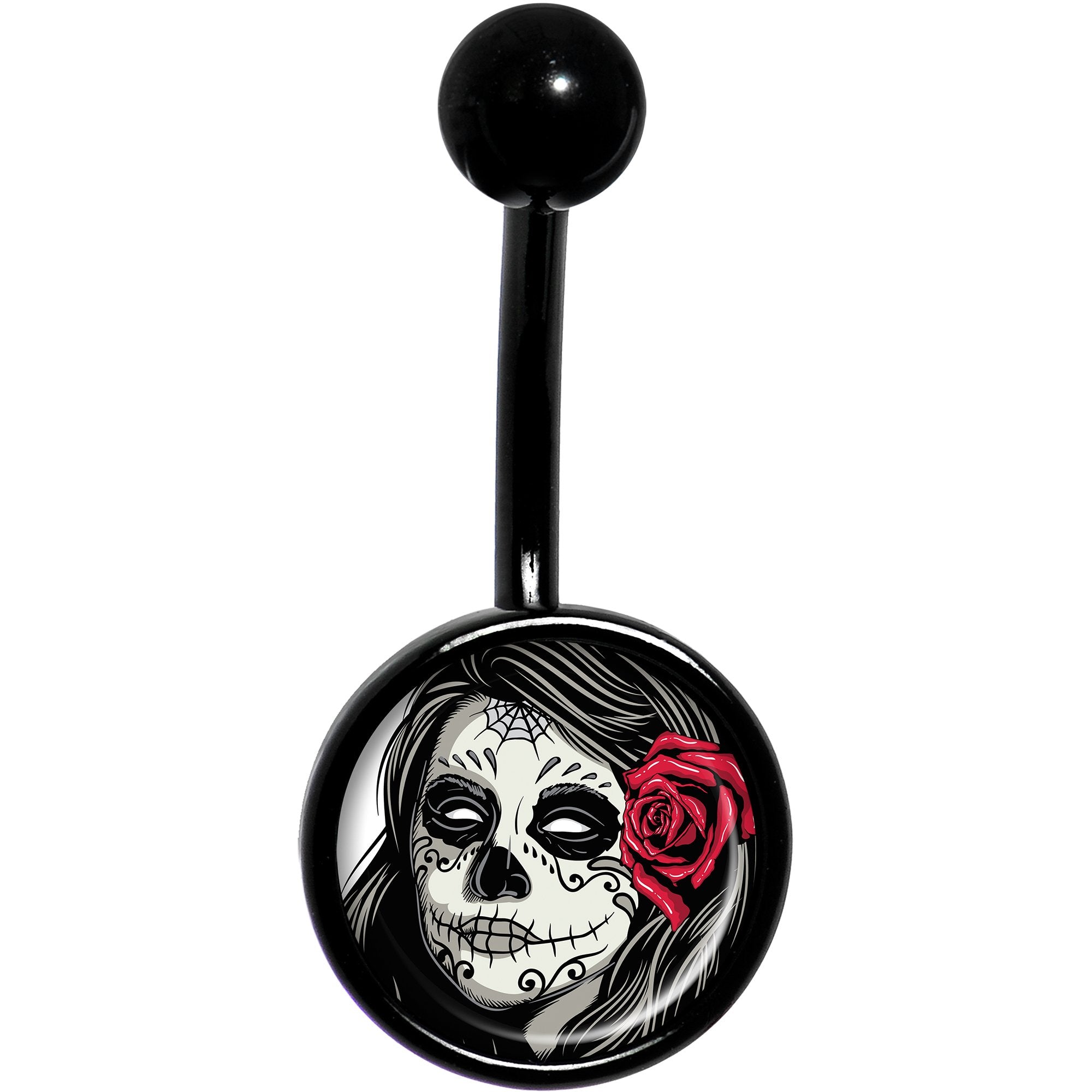 Katrina Sugar Skull with Rose Flower Black Belly Ring