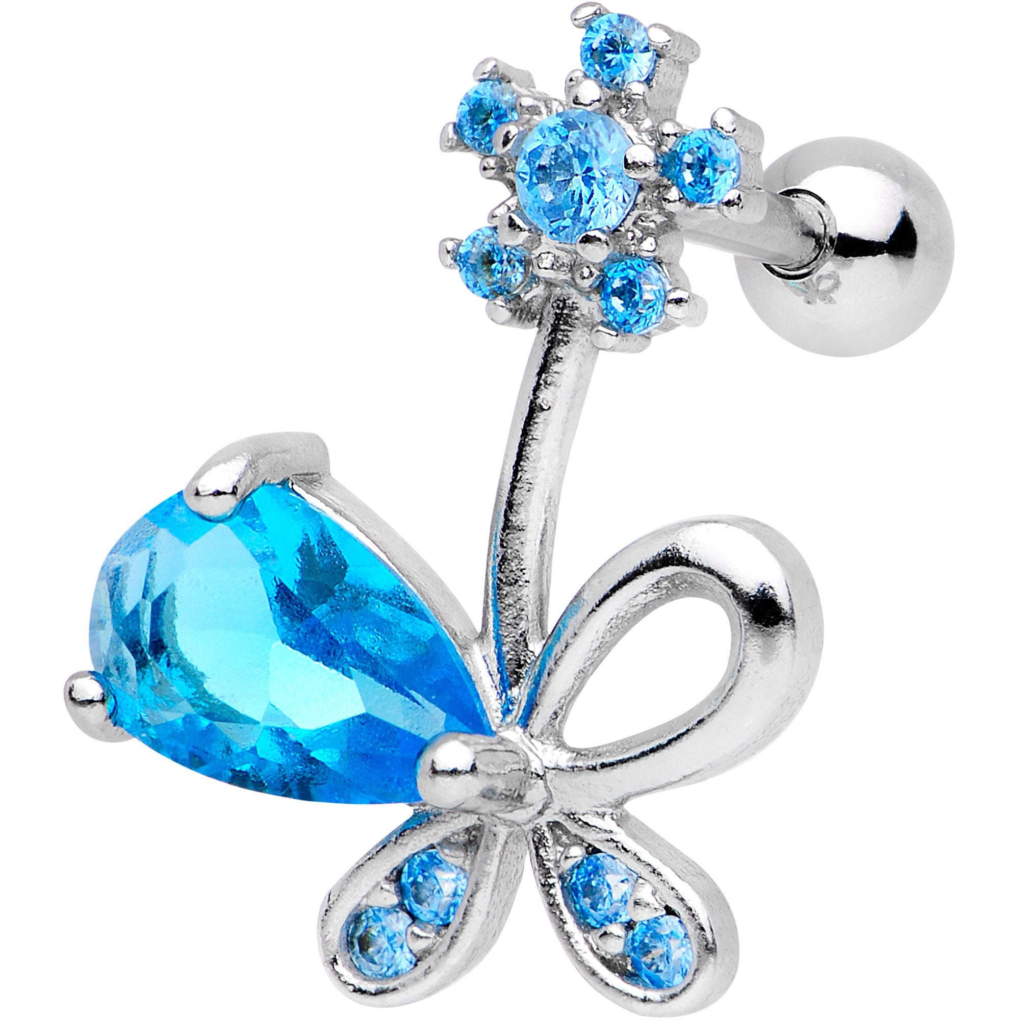 Blue CZ Gem Glamour Bow Left Cartilage Tragus Earring