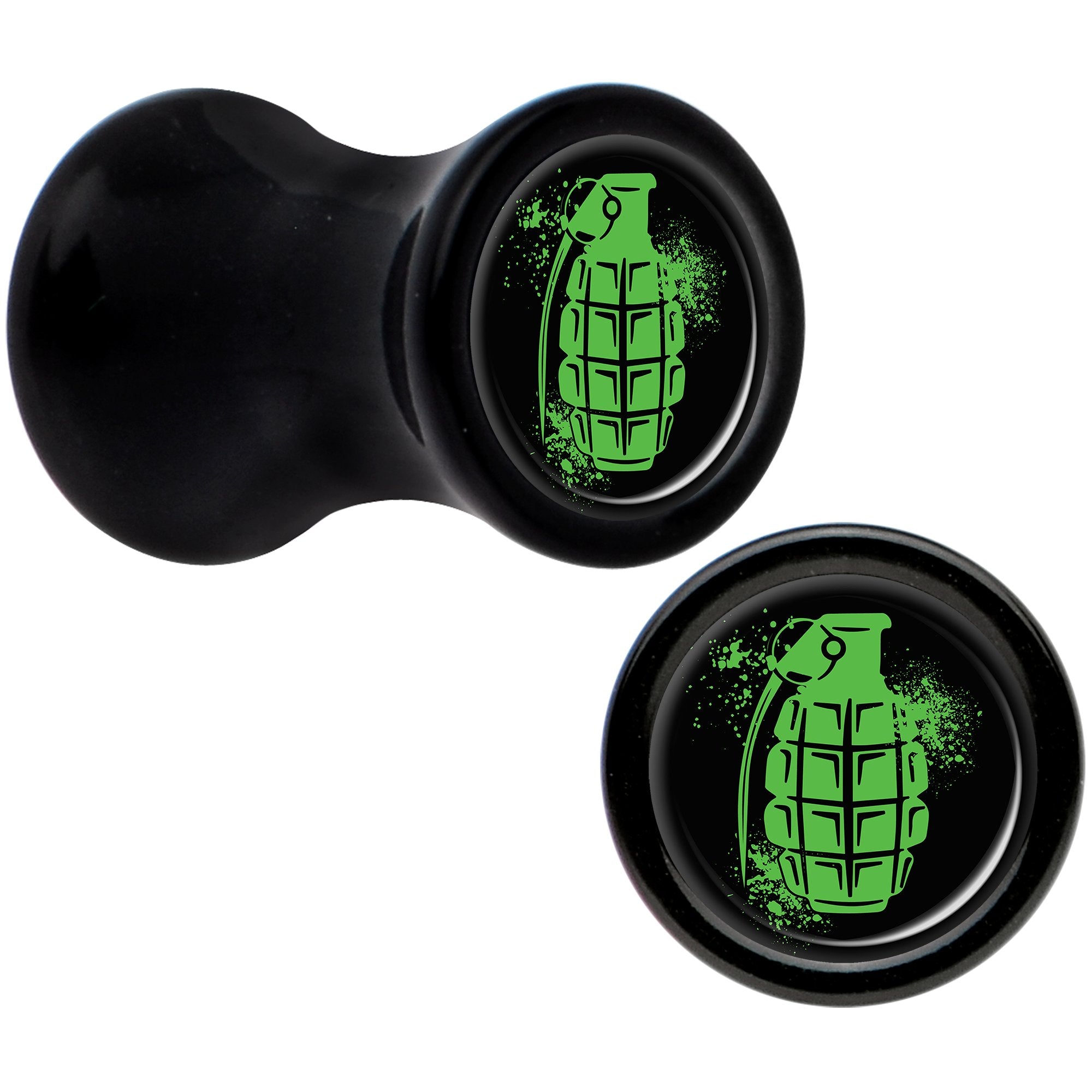 Black Acrylic Green Grenade Saddle Plug Set 4 Gauge