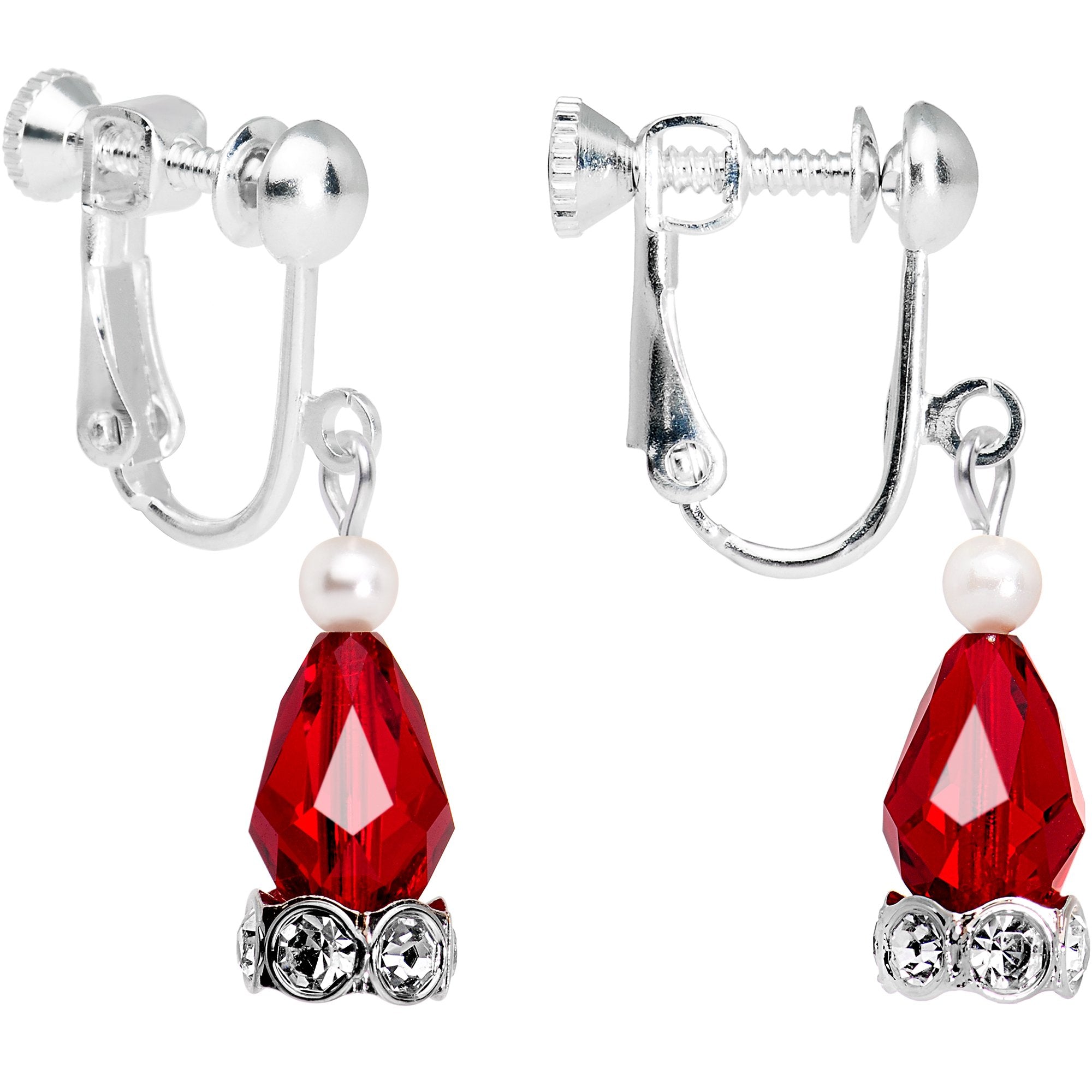 Silver Plated Red Holiday Ornament Clip On Earrings